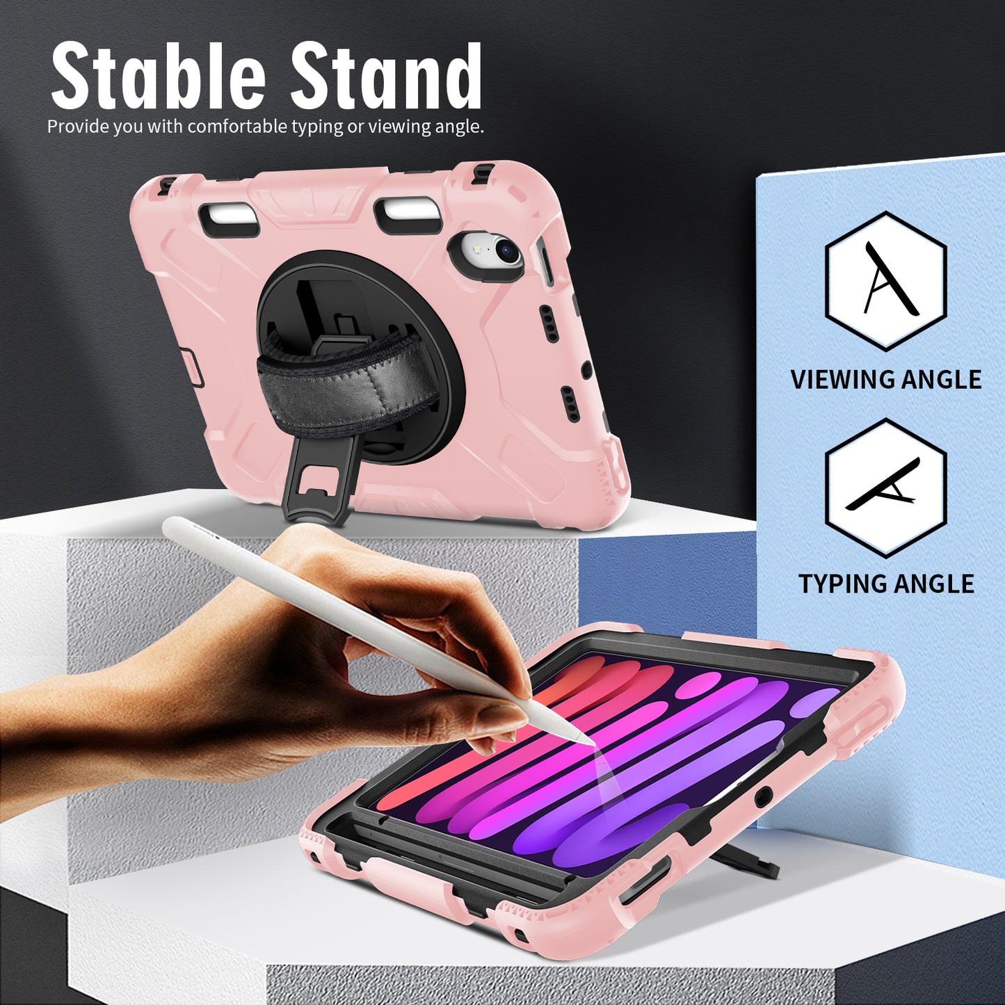 For iPad mini (2021) PC+Silicone Tablet Case Protective Kickstand Cover with Pen Slot / Shoulder Strap