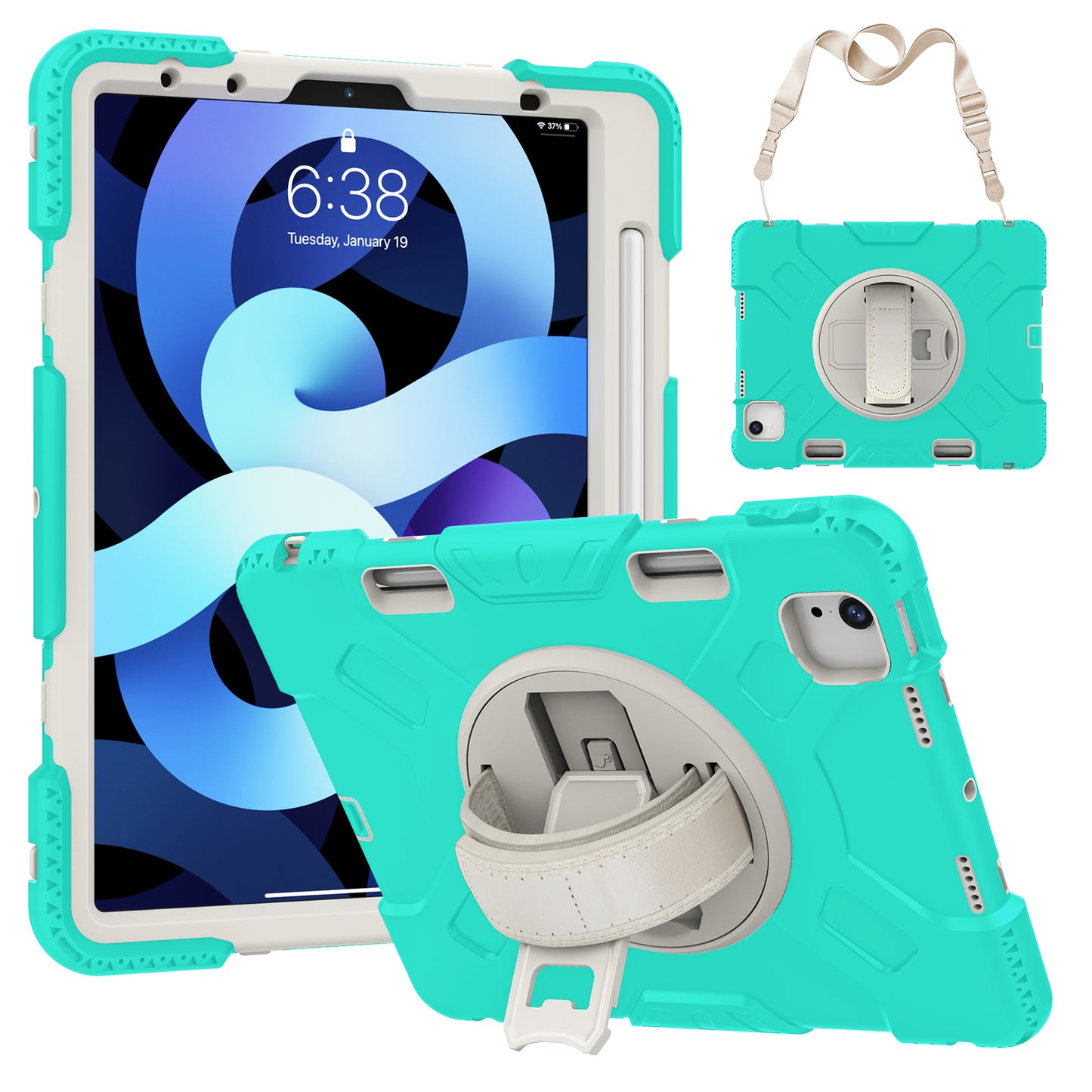 For iPad Pro 11-inch (2018) / (2020) / (2021) / (2022) / Air (2020) / (2022) Silicone + PC Case Kickstand Tablet Cover with Shoulder Strap