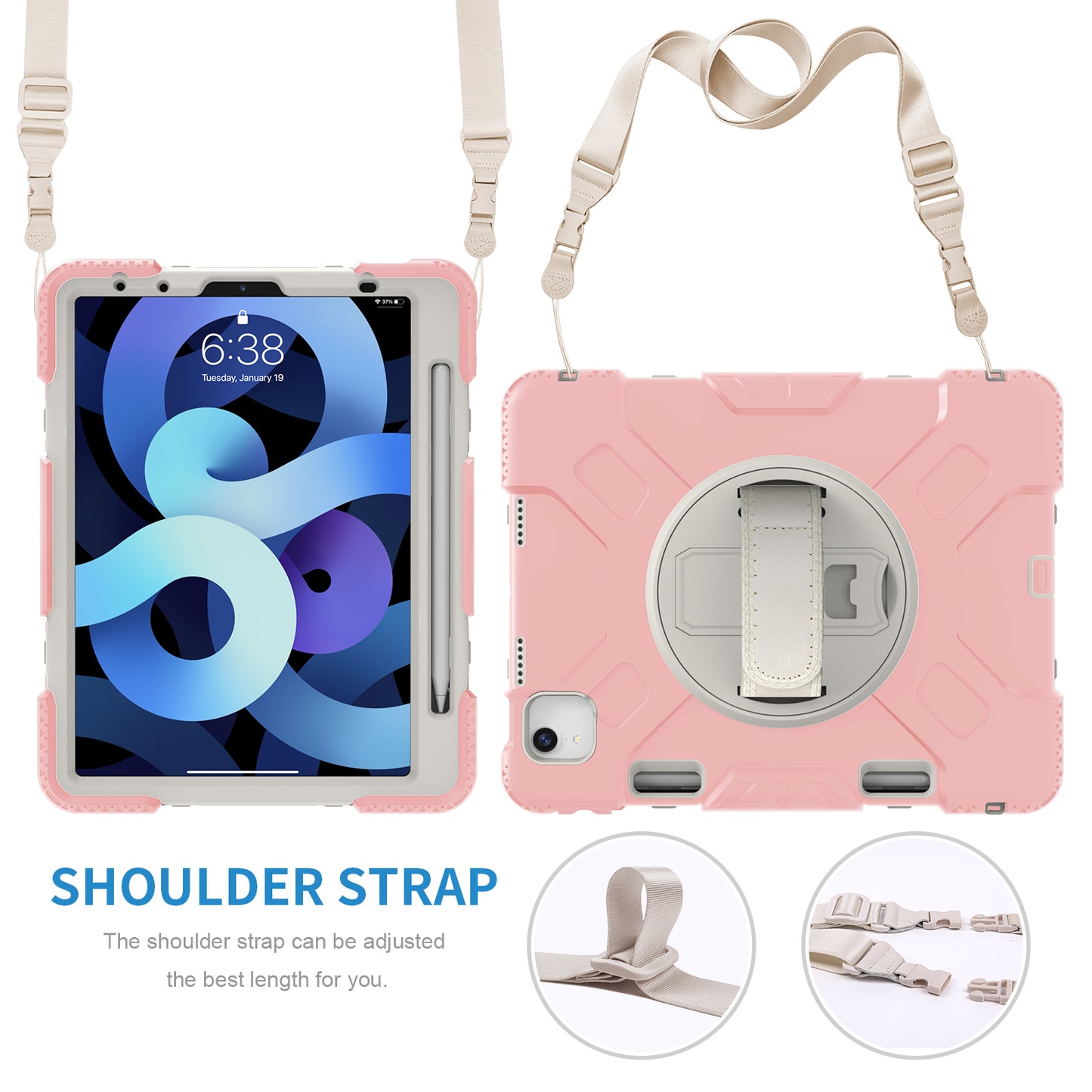 For iPad Pro 11-inch (2018) / (2020) / (2021) / (2022) / Air (2020) / (2022) Silicone + PC Case Kickstand Tablet Cover with Shoulder Strap