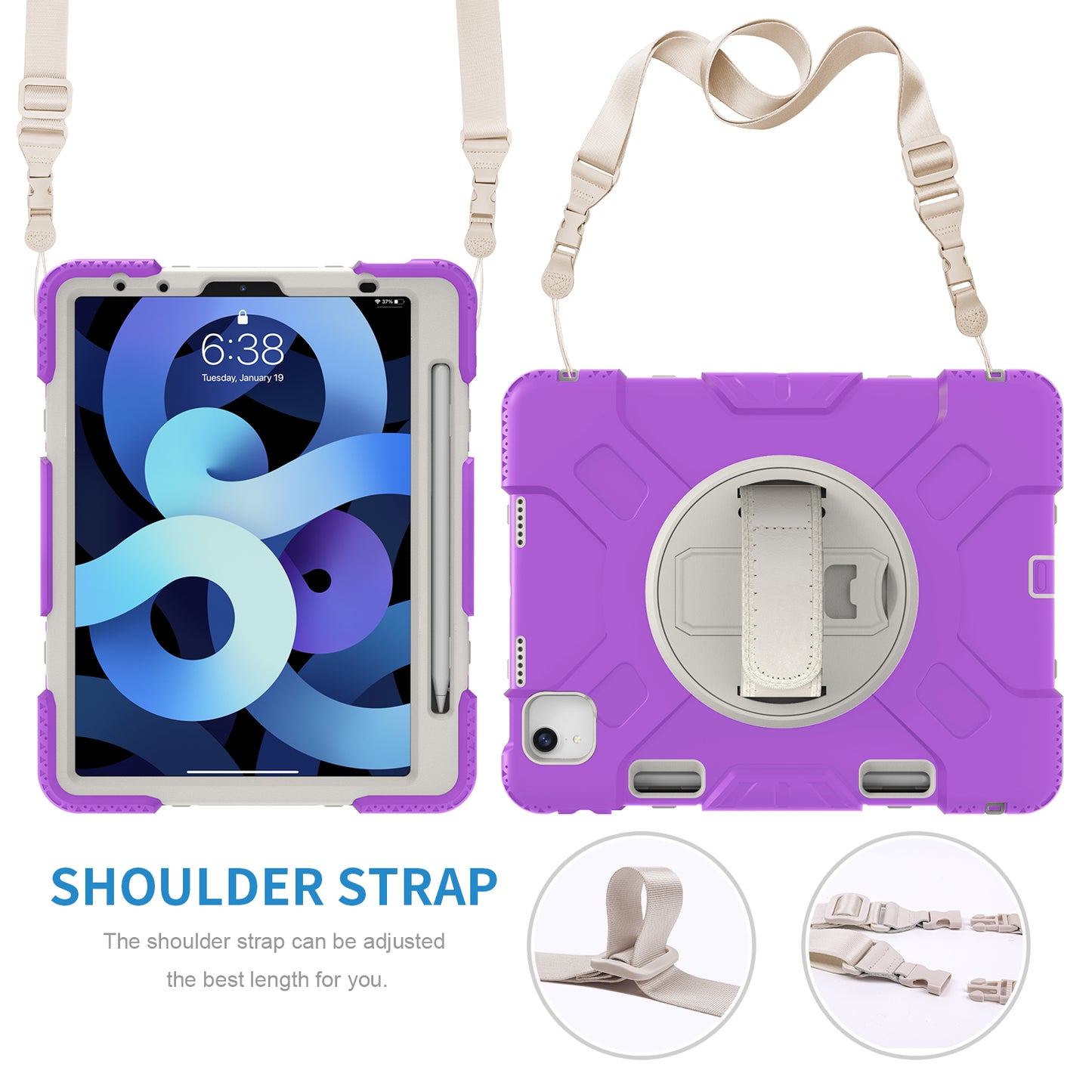 For iPad Pro 11-inch (2018) / (2020) / (2021) / (2022) / Air (2020) / (2022) Silicone + PC Case Kickstand Tablet Cover with Shoulder Strap