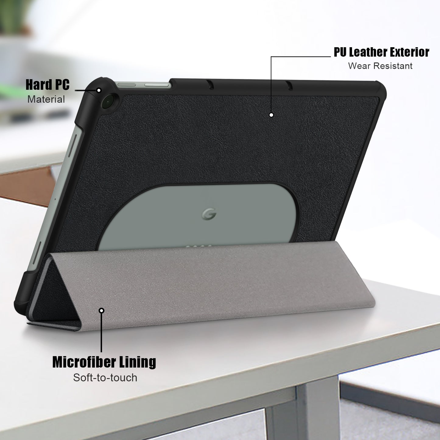 Pure Color Protective Case for Google Pixel Tablet PU Leather Anti-drop Tablet Cover with Case Tri-fold Stand