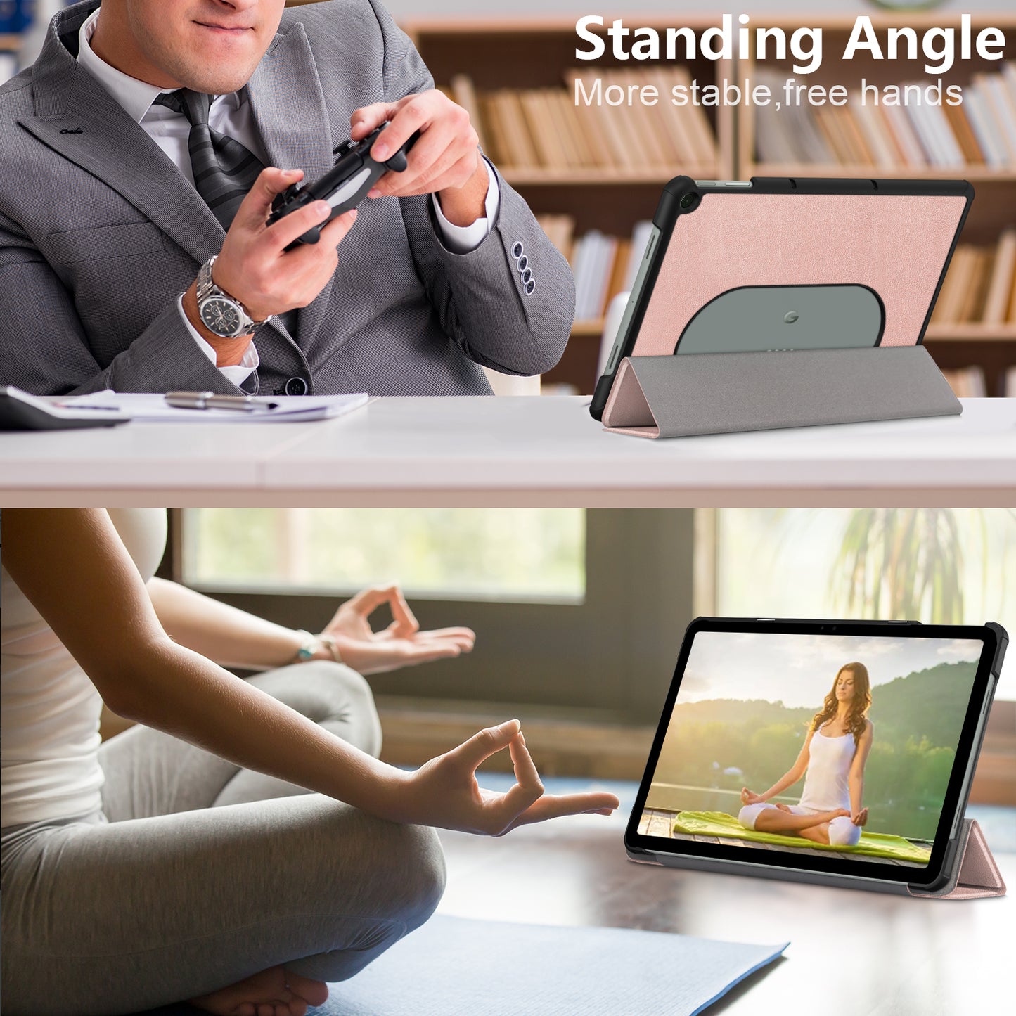 Pure Color Protective Case for Google Pixel Tablet PU Leather Anti-drop Tablet Cover with Case Tri-fold Stand