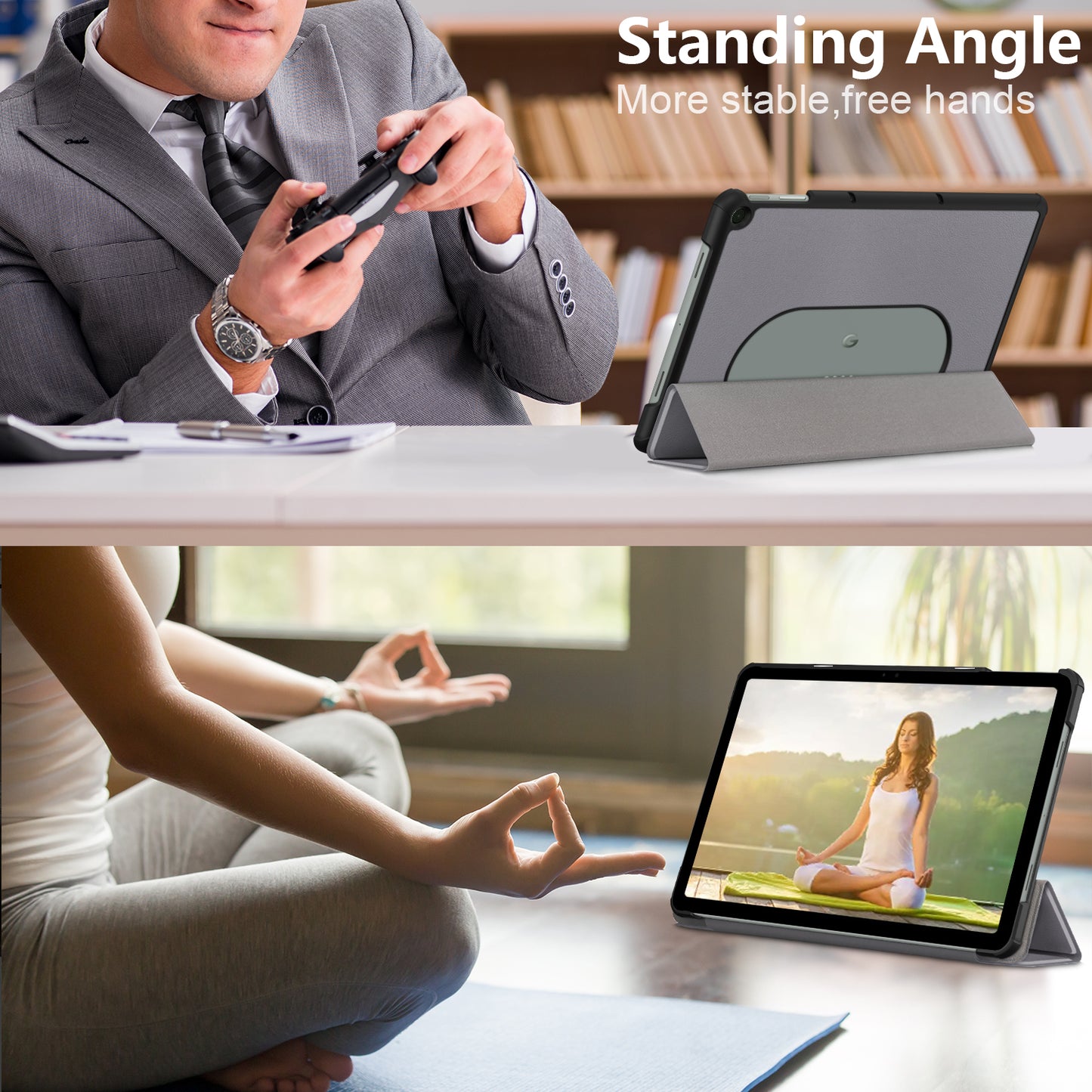 Pure Color Protective Case for Google Pixel Tablet PU Leather Anti-drop Tablet Cover with Case Tri-fold Stand