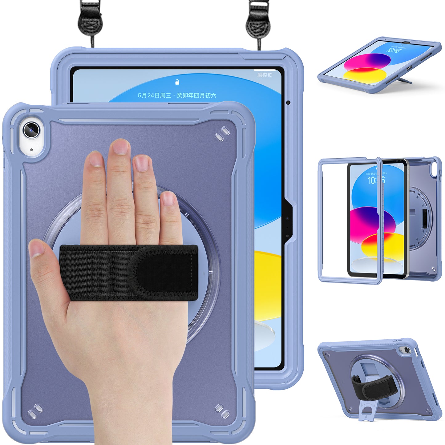For iPad 10.9 (2022) 360-Degree Swivel Kickstand PC+TPU Cover Hand Strap Design Tablet Case with Shoulder Strap