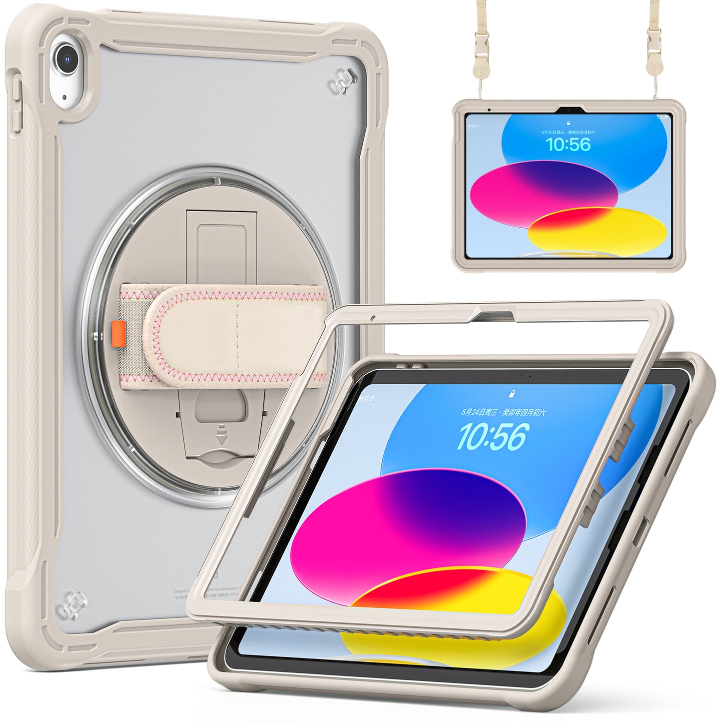 For iPad 10.9 (2022) 360-Degree Swivel Kickstand PC+TPU Cover Hand Strap Design Tablet Case with Shoulder Strap