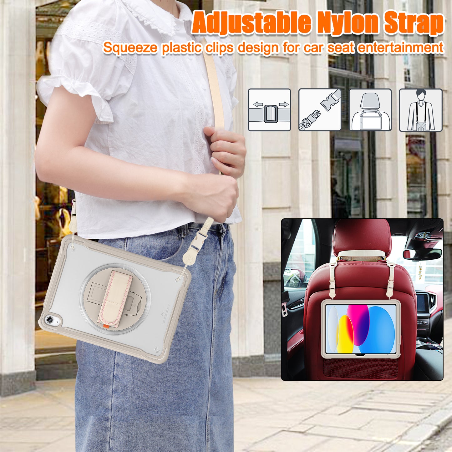 For iPad 10.9 (2022) 360-Degree Swivel Kickstand PC+TPU Cover Hand Strap Design Tablet Case with Shoulder Strap