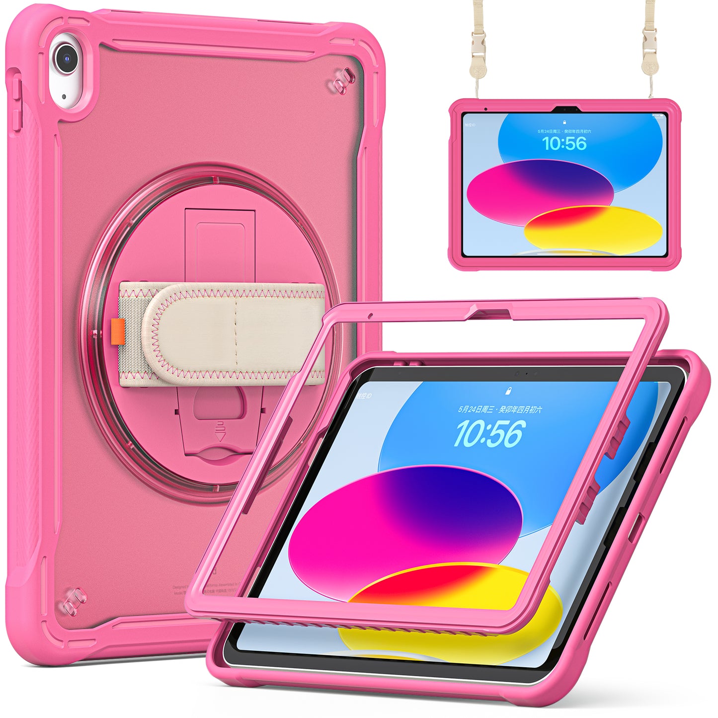 For iPad 10.9 (2022) 360-Degree Swivel Kickstand PC+TPU Cover Hand Strap Design Tablet Case with Shoulder Strap