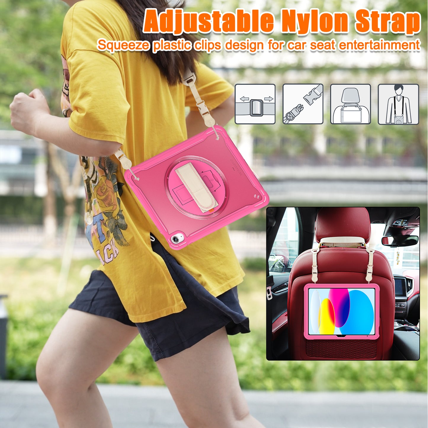 For iPad 10.9 (2022) 360-Degree Swivel Kickstand PC+TPU Cover Hand Strap Design Tablet Case with Shoulder Strap