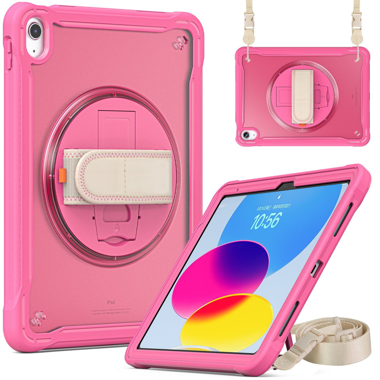 For iPad 10.9 (2022) 360-Degree Swivel Kickstand PC+TPU Cover Hand Strap Design Tablet Case with Shoulder Strap