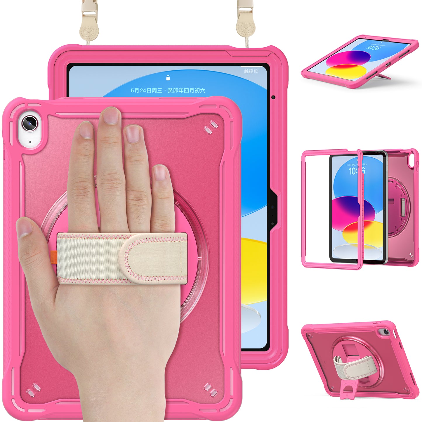 For iPad 10.9 (2022) 360-Degree Swivel Kickstand PC+TPU Cover Hand Strap Design Tablet Case with Shoulder Strap