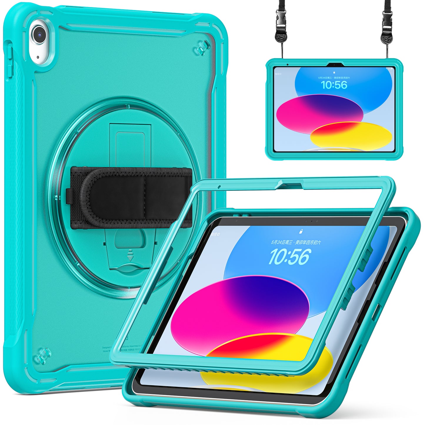 For iPad 10.9 (2022) 360-Degree Swivel Kickstand PC+TPU Cover Hand Strap Design Tablet Case with Shoulder Strap
