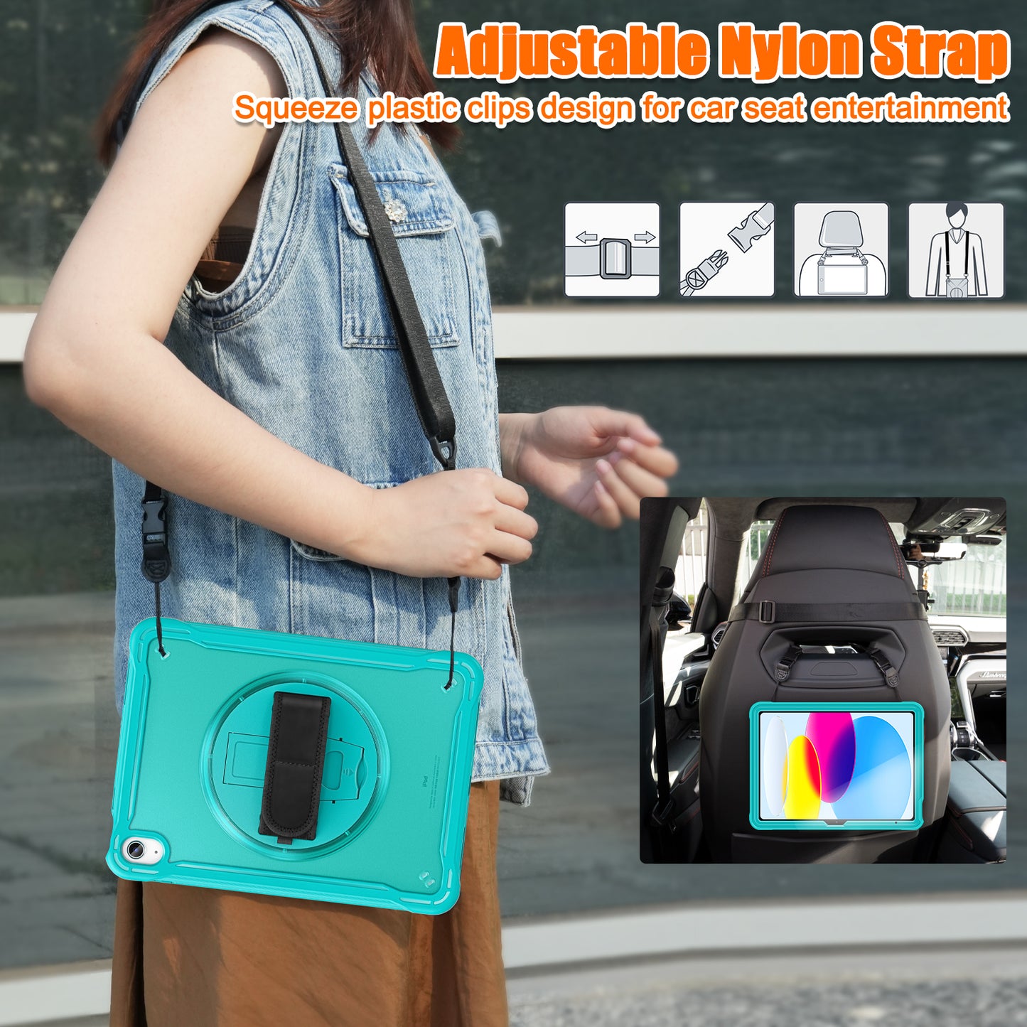 For iPad 10.9 (2022) 360-Degree Swivel Kickstand PC+TPU Cover Hand Strap Design Tablet Case with Shoulder Strap