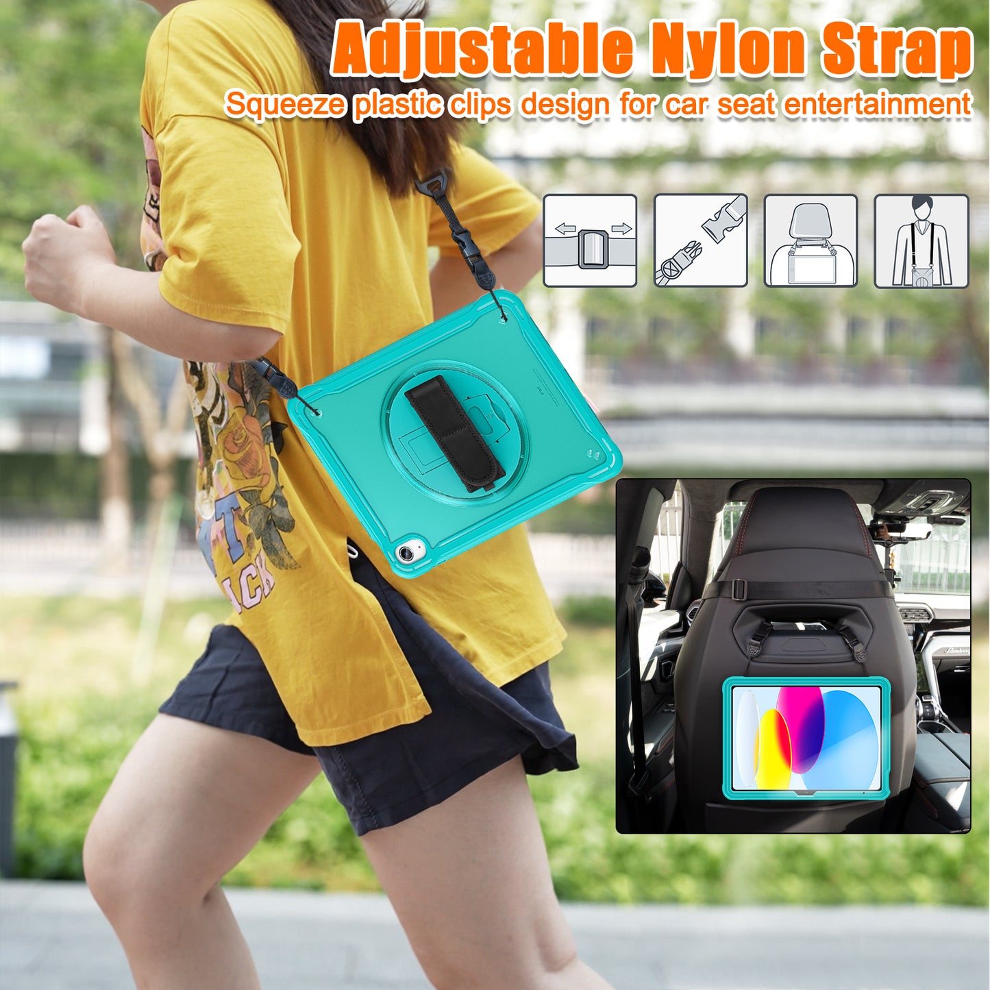For iPad 10.9 (2022) 360-Degree Swivel Kickstand PC+TPU Cover Hand Strap Design Tablet Case with Shoulder Strap