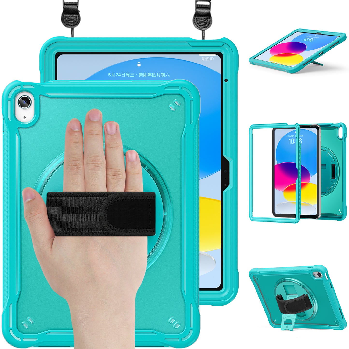 For iPad 10.9 (2022) 360-Degree Swivel Kickstand PC+TPU Cover Hand Strap Design Tablet Case with Shoulder Strap