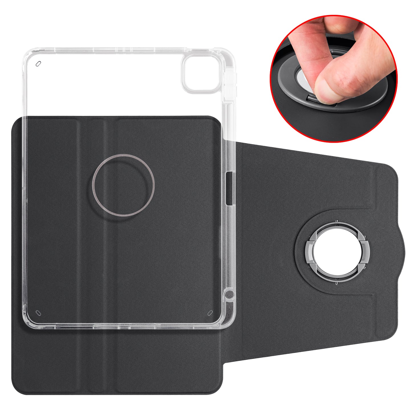 For iPad Pro 11 (2021) / (2020) / (2022) / iPad Air (2020) / (2022) Rotating Stand Tablet Cover PU Leather TPU Crystal Clear Back Case