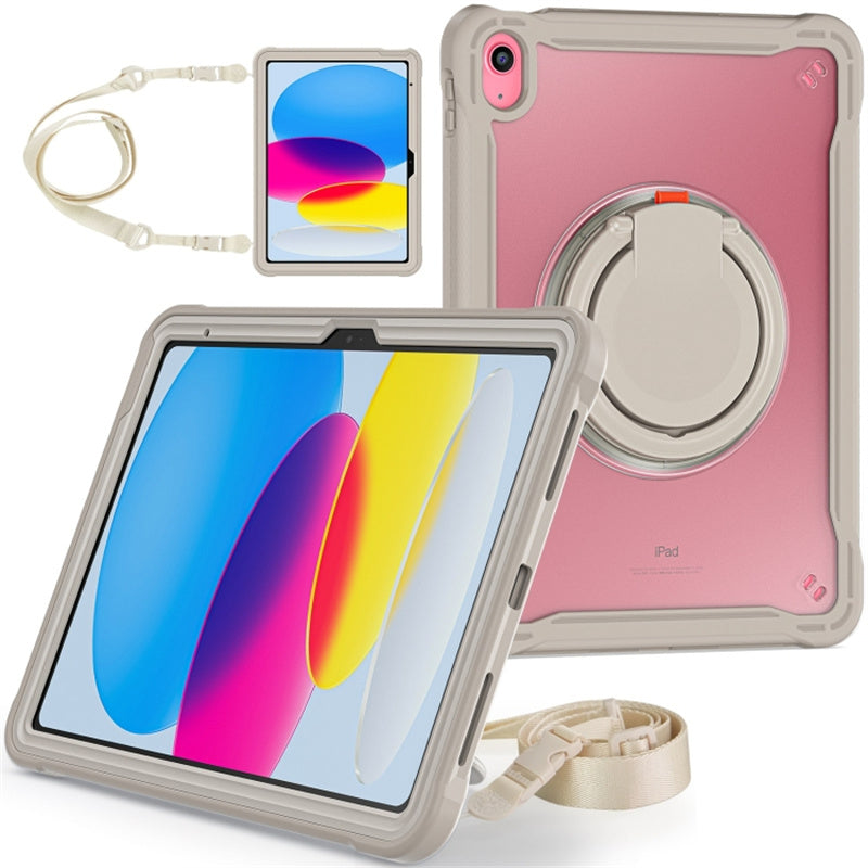 For iPad 10.9 (2022) 360-Degree Rotating Kickstand PC+TPU Cover Shockproof Portable Tablet Case with Shoulder Strap
