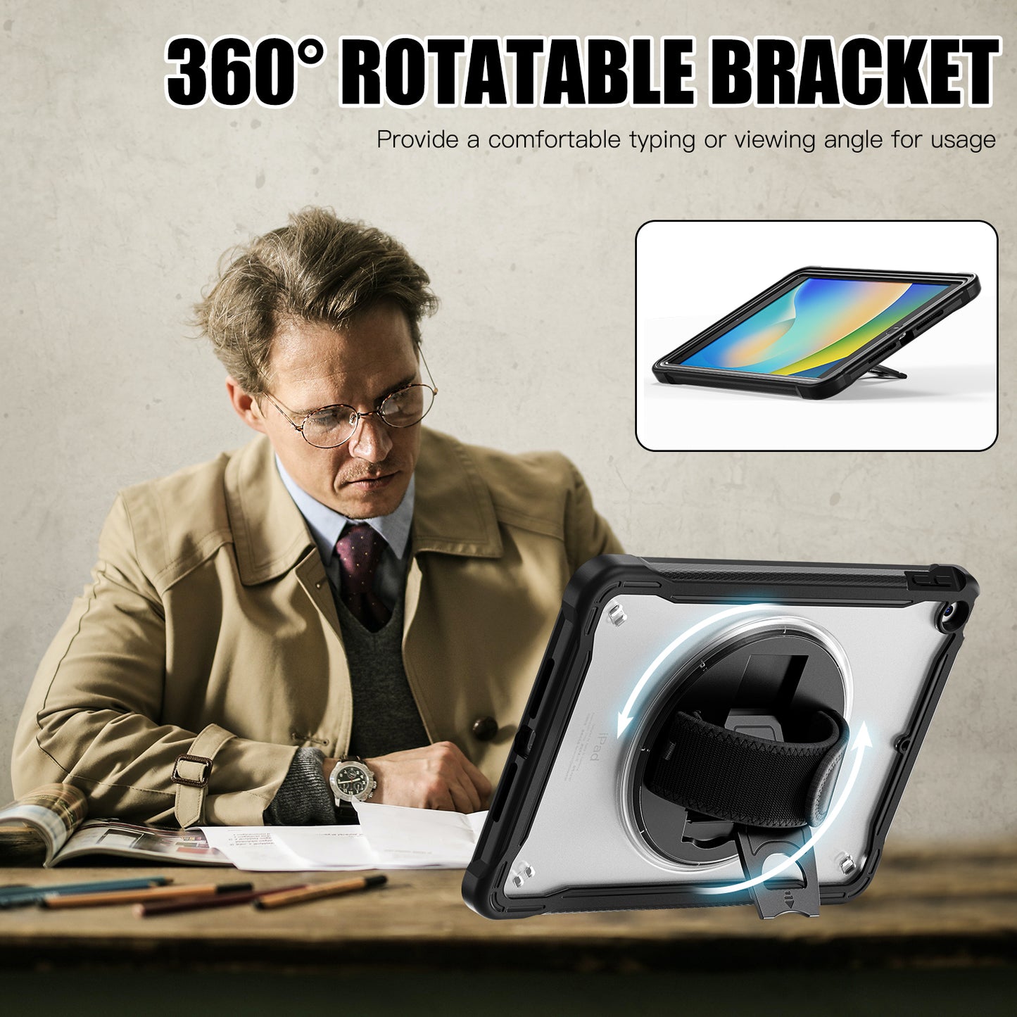 For iPad 10.2 (2021) / (2019) / (2020) PC+TPU Tablet Case Anti-Drop Rotating Kickstand Cover with Handle Strap
