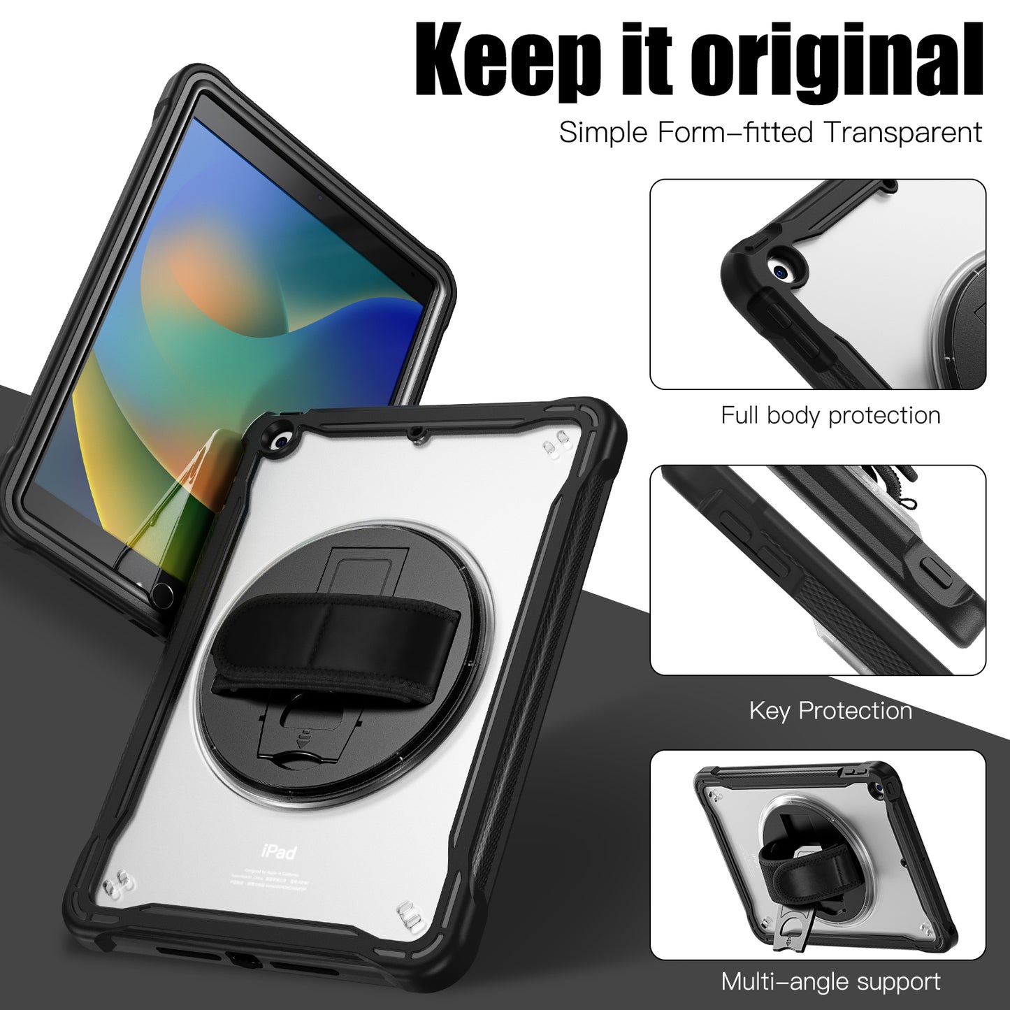 For iPad 10.2 (2021) / (2019) / (2020) PC+TPU Tablet Case Anti-Drop Rotating Kickstand Cover with Handle Strap