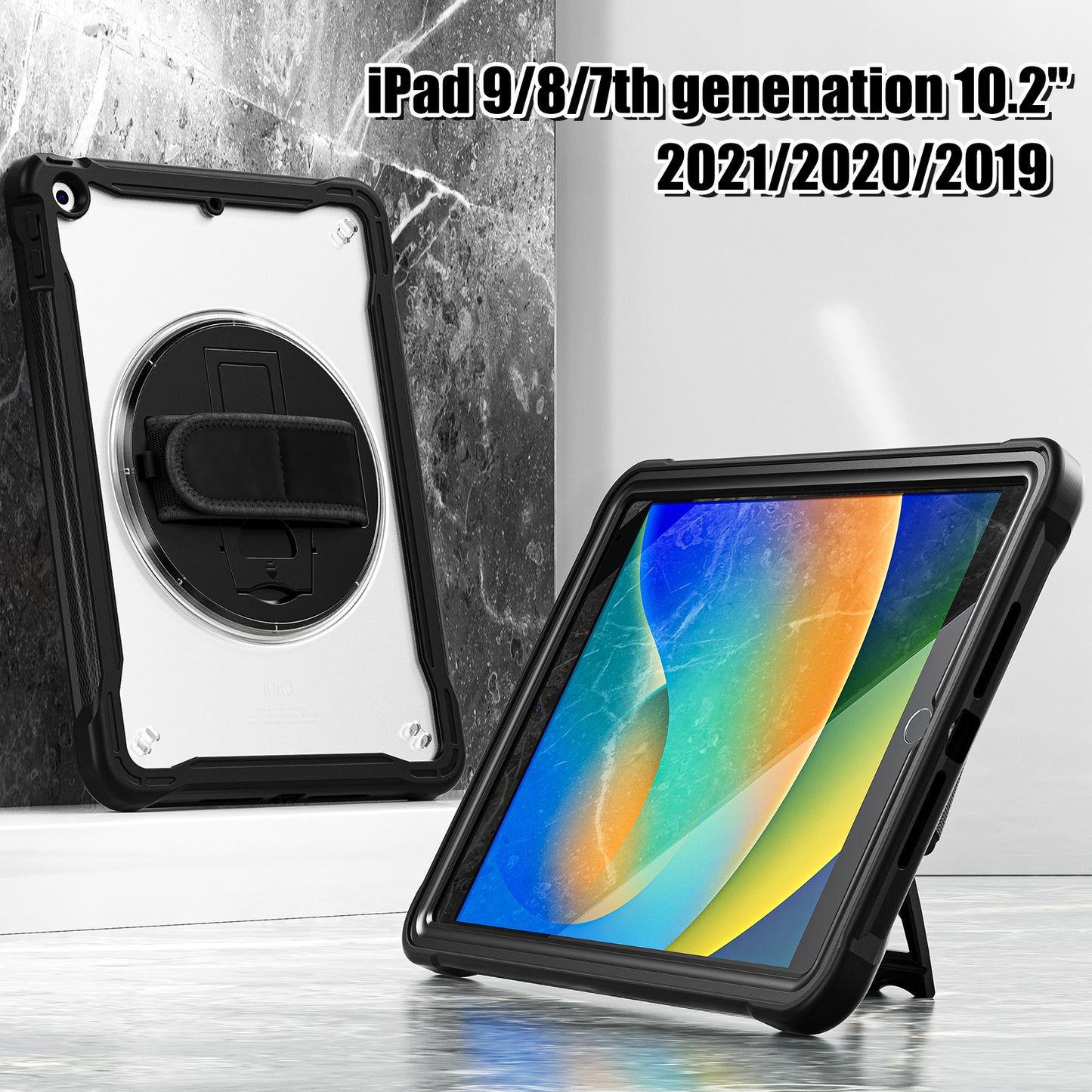 For iPad 10.2 (2021) / (2019) / (2020) PC+TPU Tablet Case Anti-Drop Rotating Kickstand Cover with Handle Strap