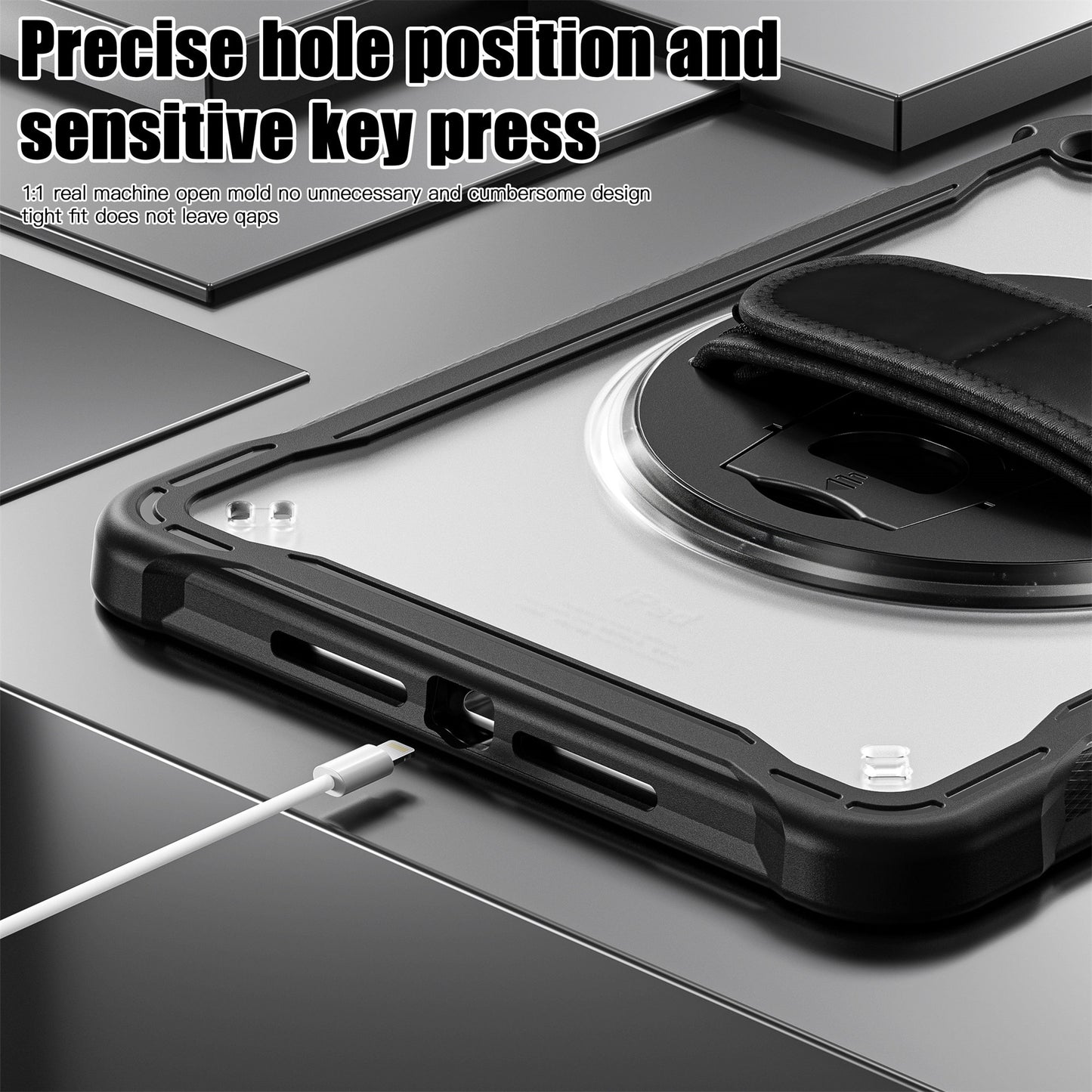 For iPad 10.2 (2021) / (2019) / (2020) PC+TPU Tablet Case Anti-Drop Rotating Kickstand Cover with Handle Strap