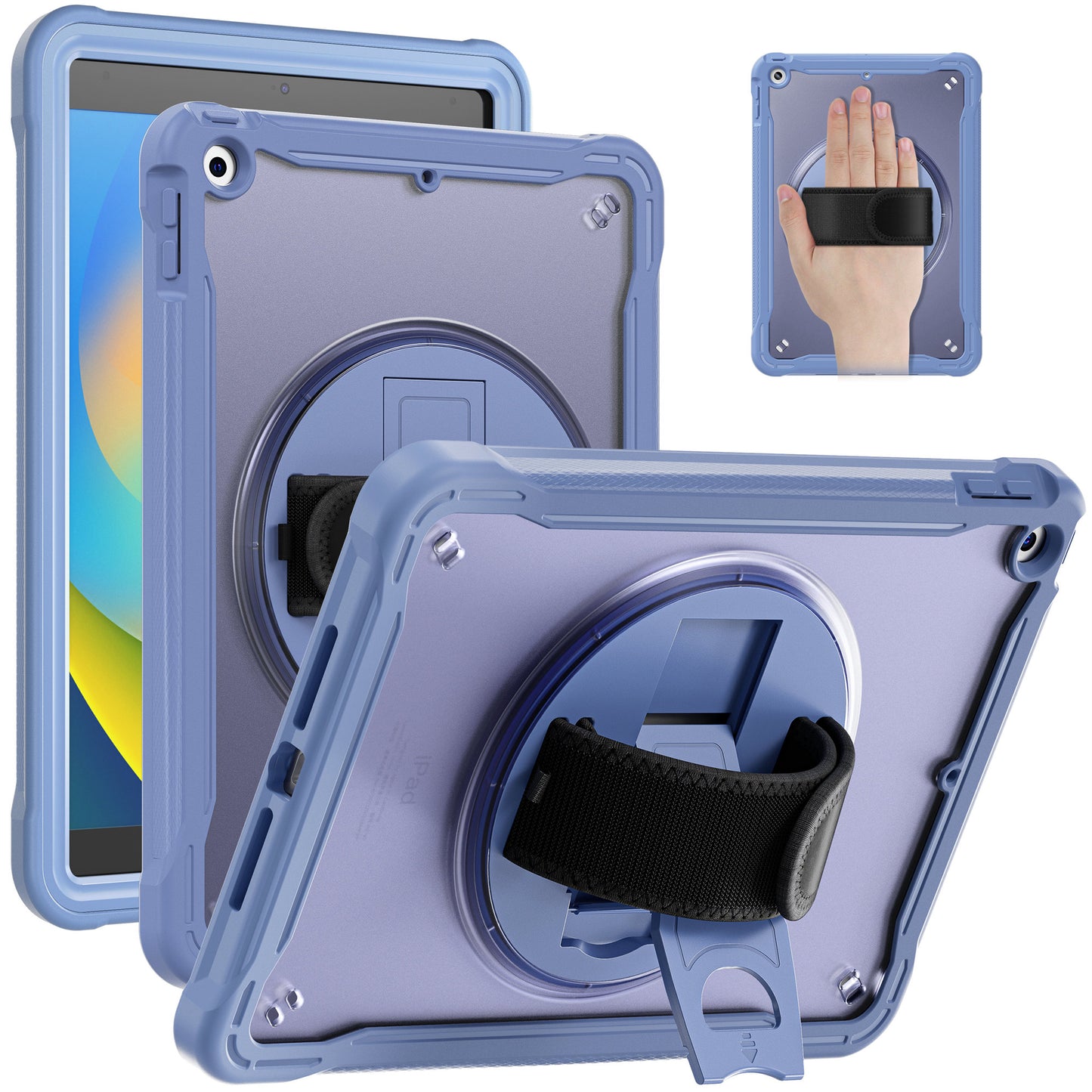 For iPad 10.2 (2021) / (2019) / (2020) PC+TPU Tablet Case Anti-Drop Rotating Kickstand Cover with Handle Strap