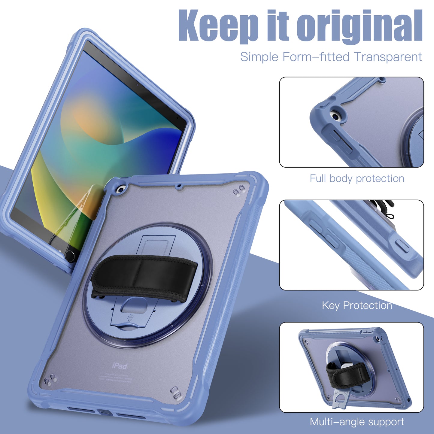 For iPad 10.2 (2021) / (2019) / (2020) PC+TPU Tablet Case Anti-Drop Rotating Kickstand Cover with Handle Strap