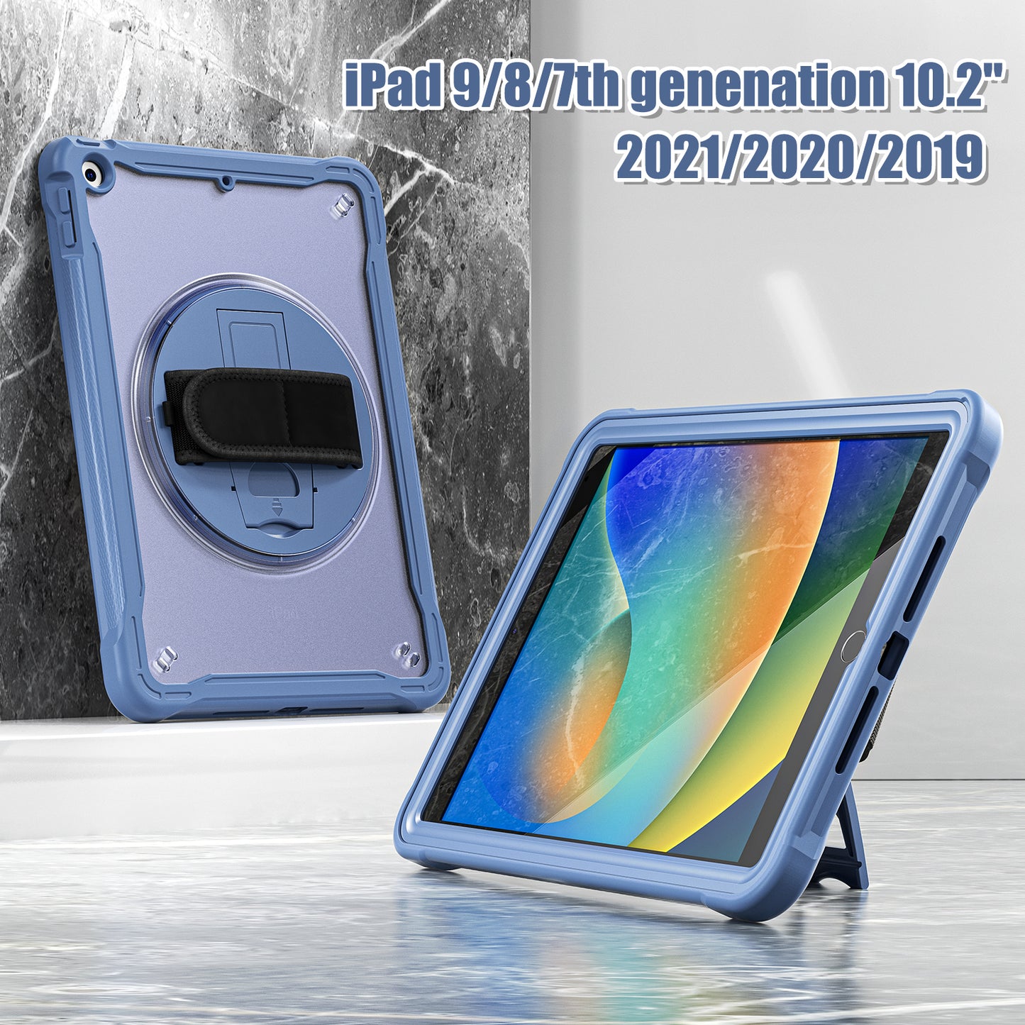 For iPad 10.2 (2021) / (2019) / (2020) PC+TPU Tablet Case Anti-Drop Rotating Kickstand Cover with Handle Strap