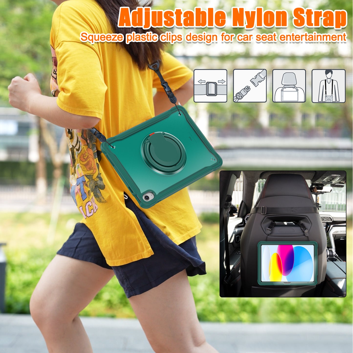 Shockproof Kickstand Case for iPad 10.9 (2022) PC+TPU Hand Strap Tablet Cover with Shoulder Strap