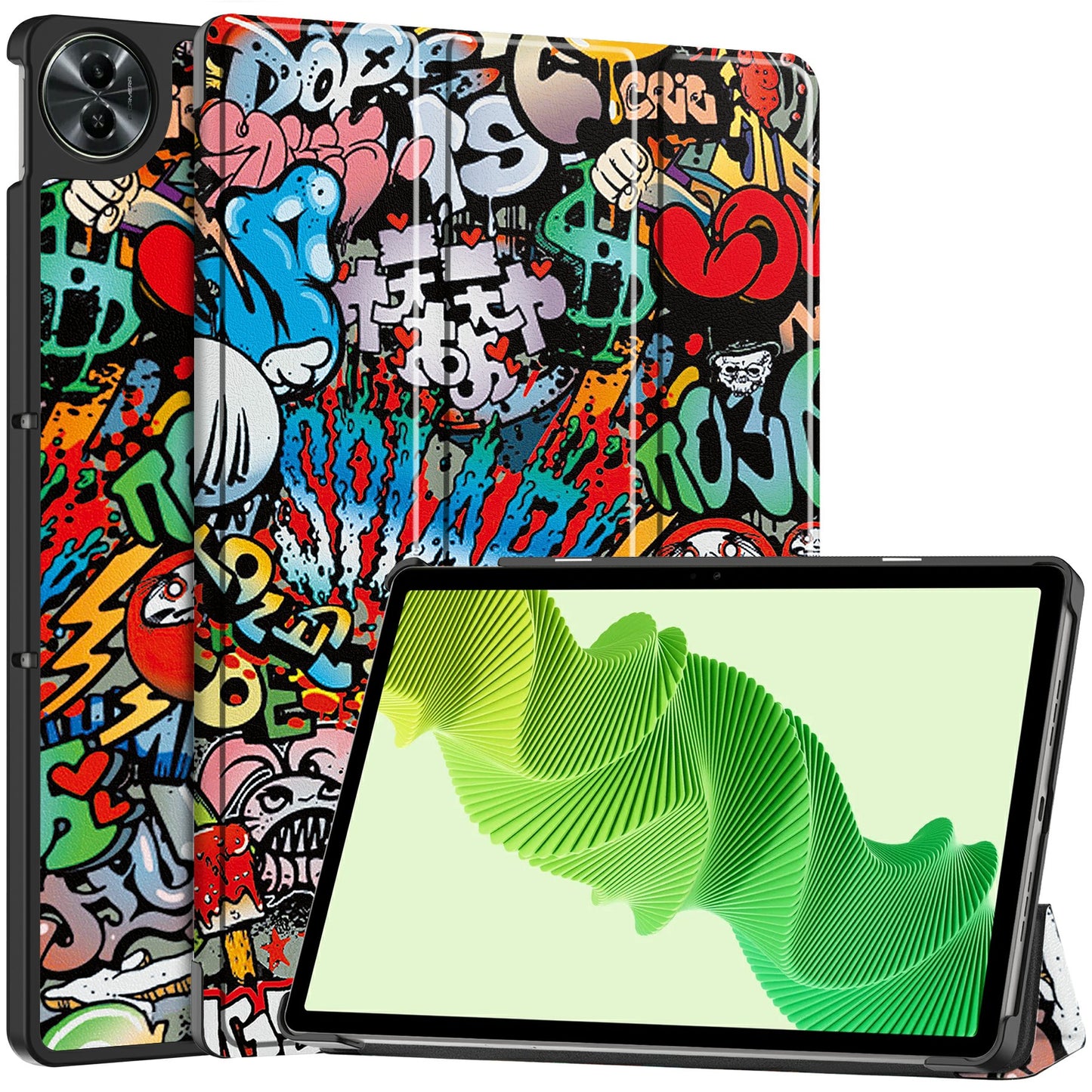 For Realme Pad 2 PU Leather Trifold Stand Cover Pattern Printing Protective Tablet Case