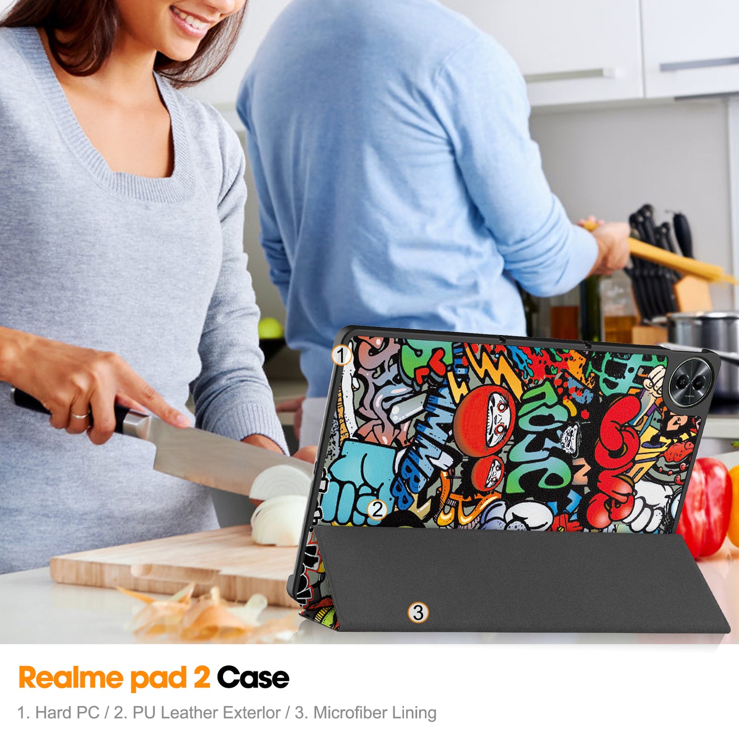 For Realme Pad 2 PU Leather Trifold Stand Cover Pattern Printing Protective Tablet Case