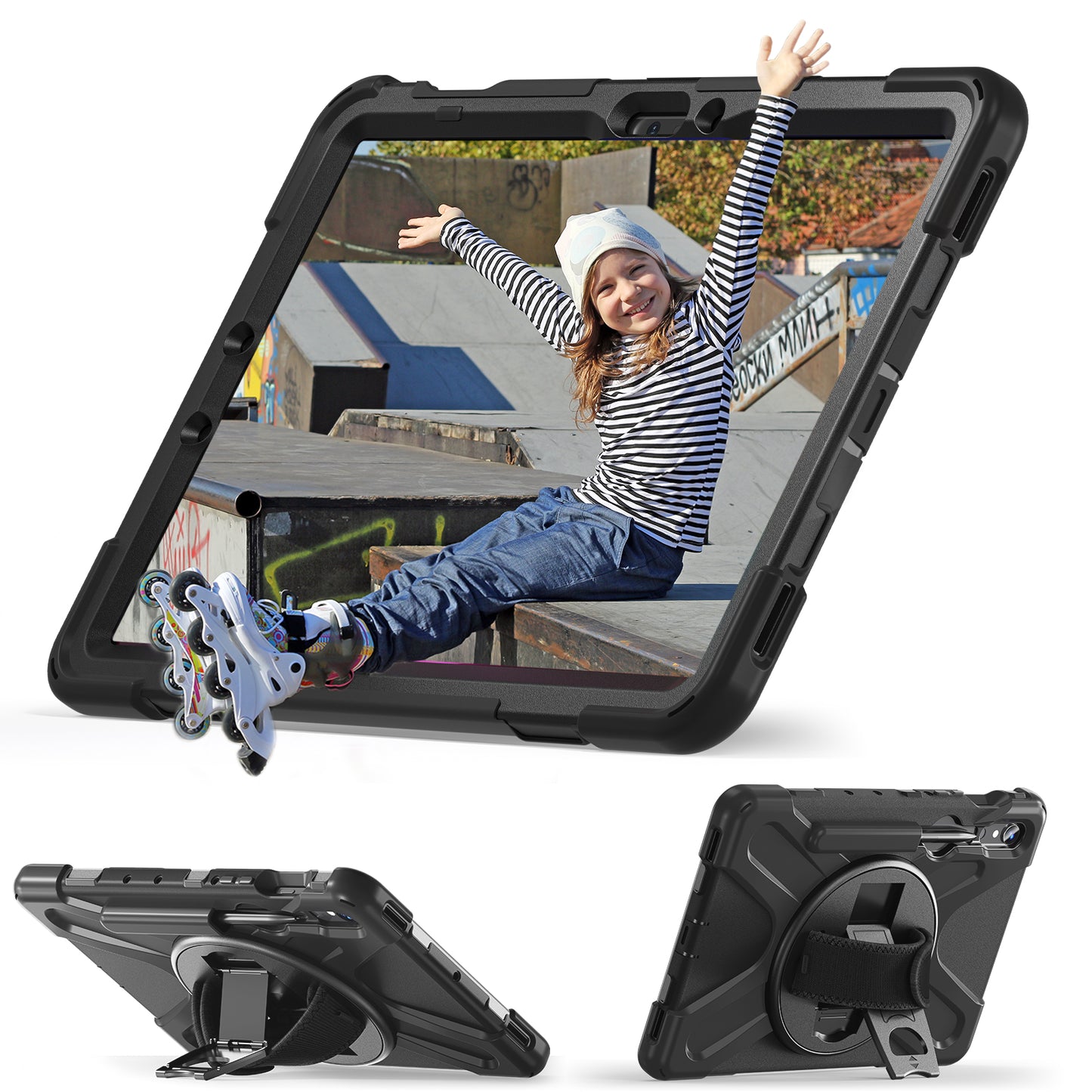 For Samsung Galaxy Tab S9 FE / S9 X710 / S8 X700 / S7 T870 Wrist Strap Tablet Case PC+Silicone Kickstand Protective Cover