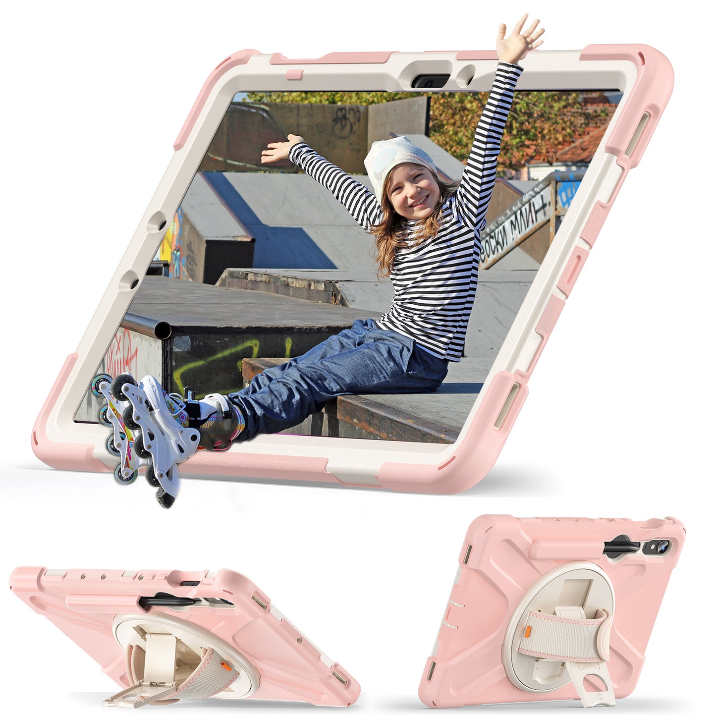 For Samsung Galaxy Tab S9 FE / S9 X710 / S8 X700 / S7 T870 Wrist Strap Tablet Case PC+Silicone Kickstand Protective Cover