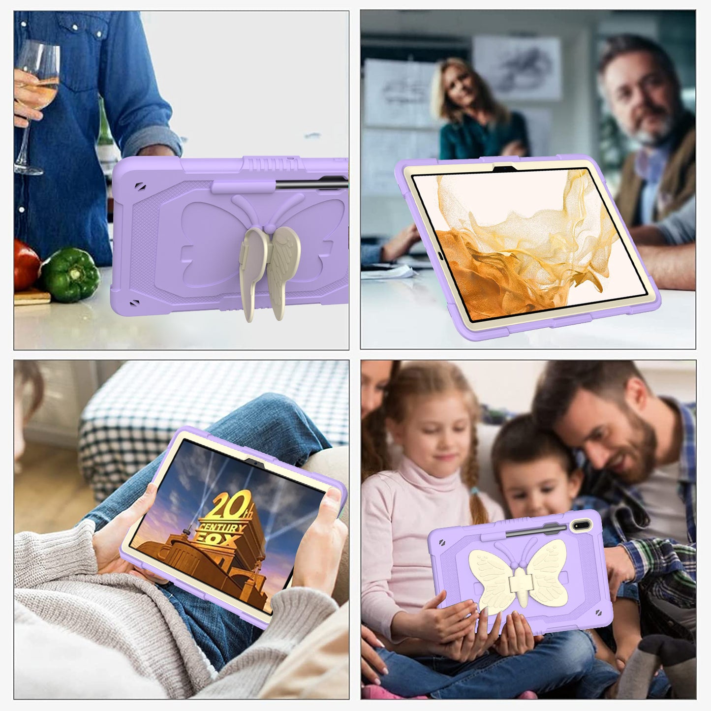 Anti-scratch Silicone + PC Tablet Case for Samsung Galaxy Tab S9 Butterfly Shape Kickstand Cover with Shoulder Strap
