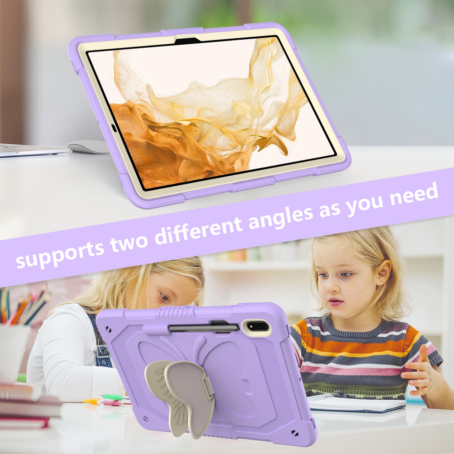 Anti-scratch Silicone + PC Tablet Case for Samsung Galaxy Tab S9 Butterfly Shape Kickstand Cover with Shoulder Strap
