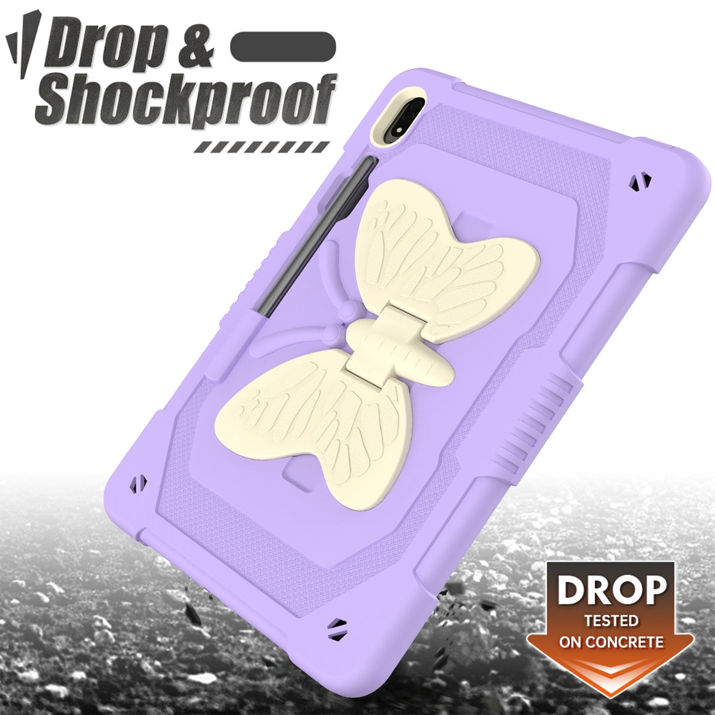 Anti-scratch Silicone + PC Tablet Case for Samsung Galaxy Tab S9 Butterfly Shape Kickstand Cover with Shoulder Strap