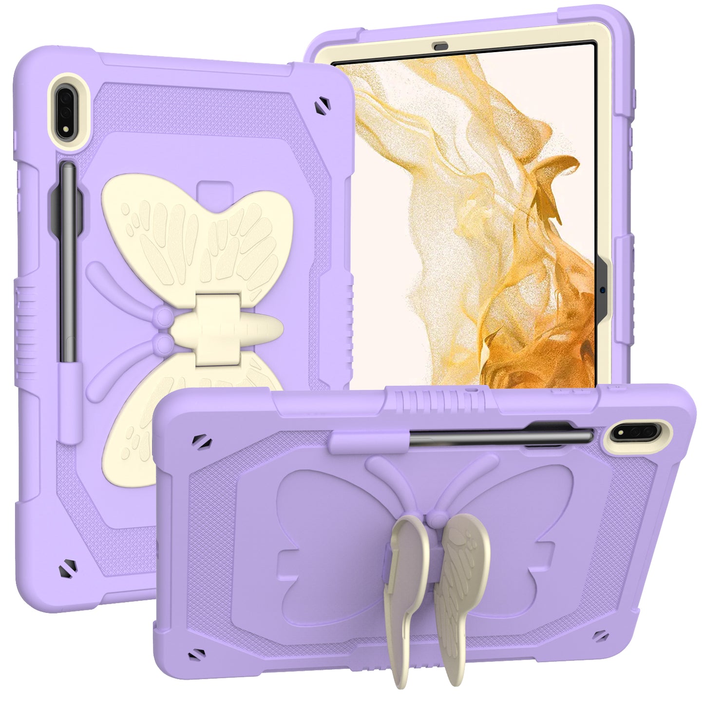 Anti-scratch Silicone + PC Tablet Case for Samsung Galaxy Tab S9 Butterfly Shape Kickstand Cover with Shoulder Strap