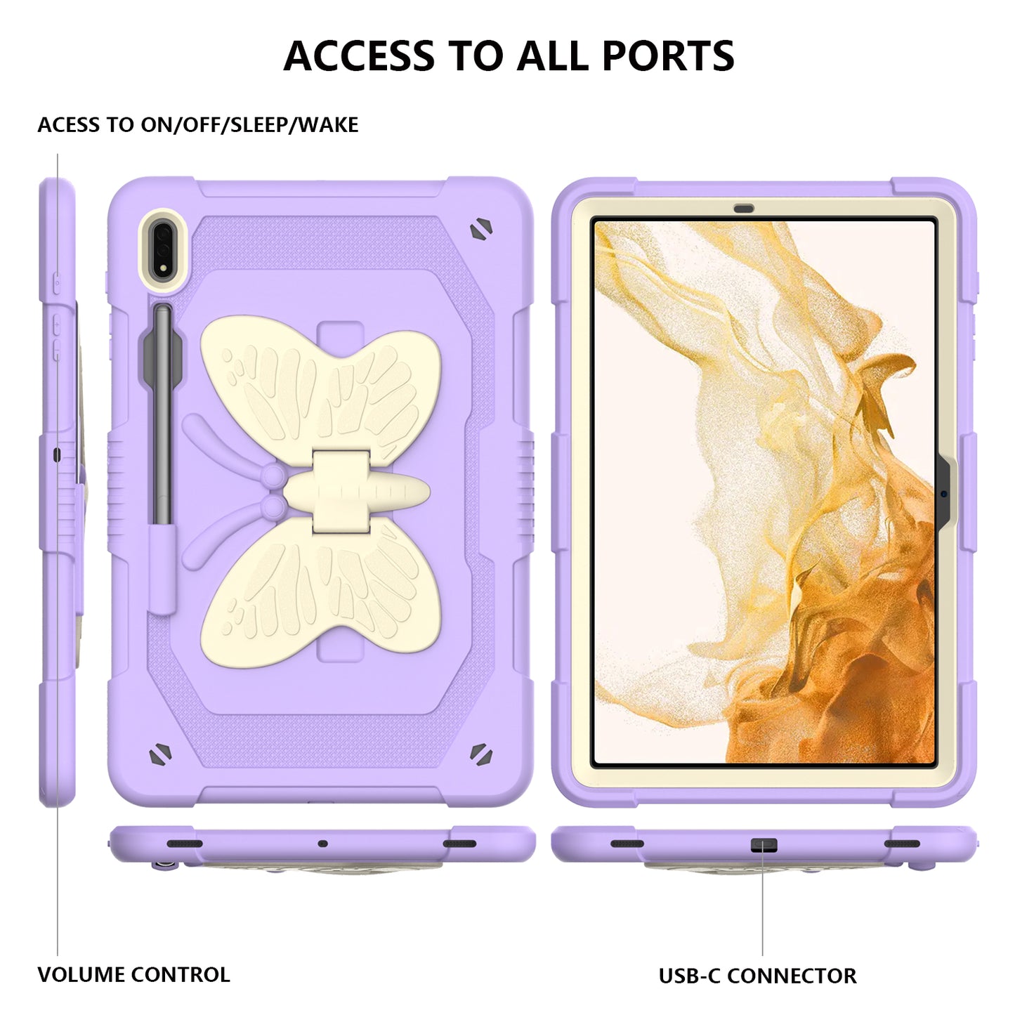 Anti-scratch Silicone + PC Tablet Case for Samsung Galaxy Tab S9 Butterfly Shape Kickstand Cover with Shoulder Strap