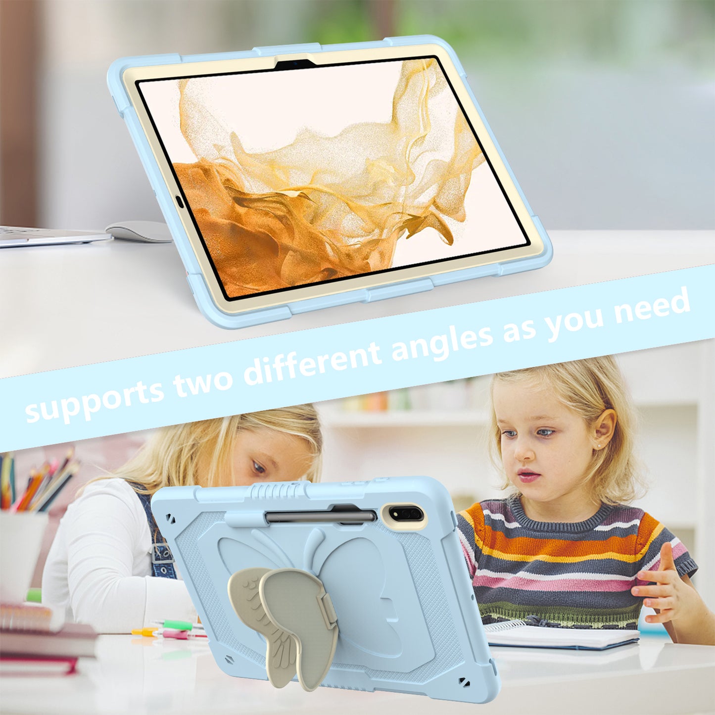 Anti-scratch Silicone + PC Tablet Case for Samsung Galaxy Tab S9 Butterfly Shape Kickstand Cover with Shoulder Strap