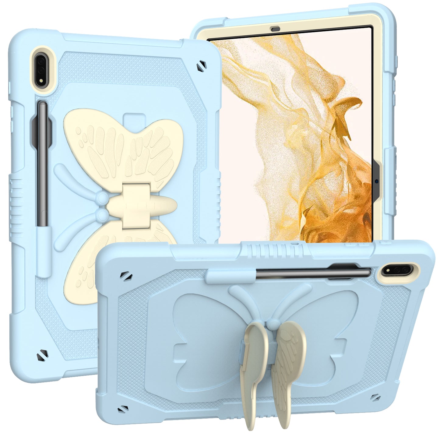 Anti-scratch Silicone + PC Tablet Case for Samsung Galaxy Tab S9 Butterfly Shape Kickstand Cover with Shoulder Strap
