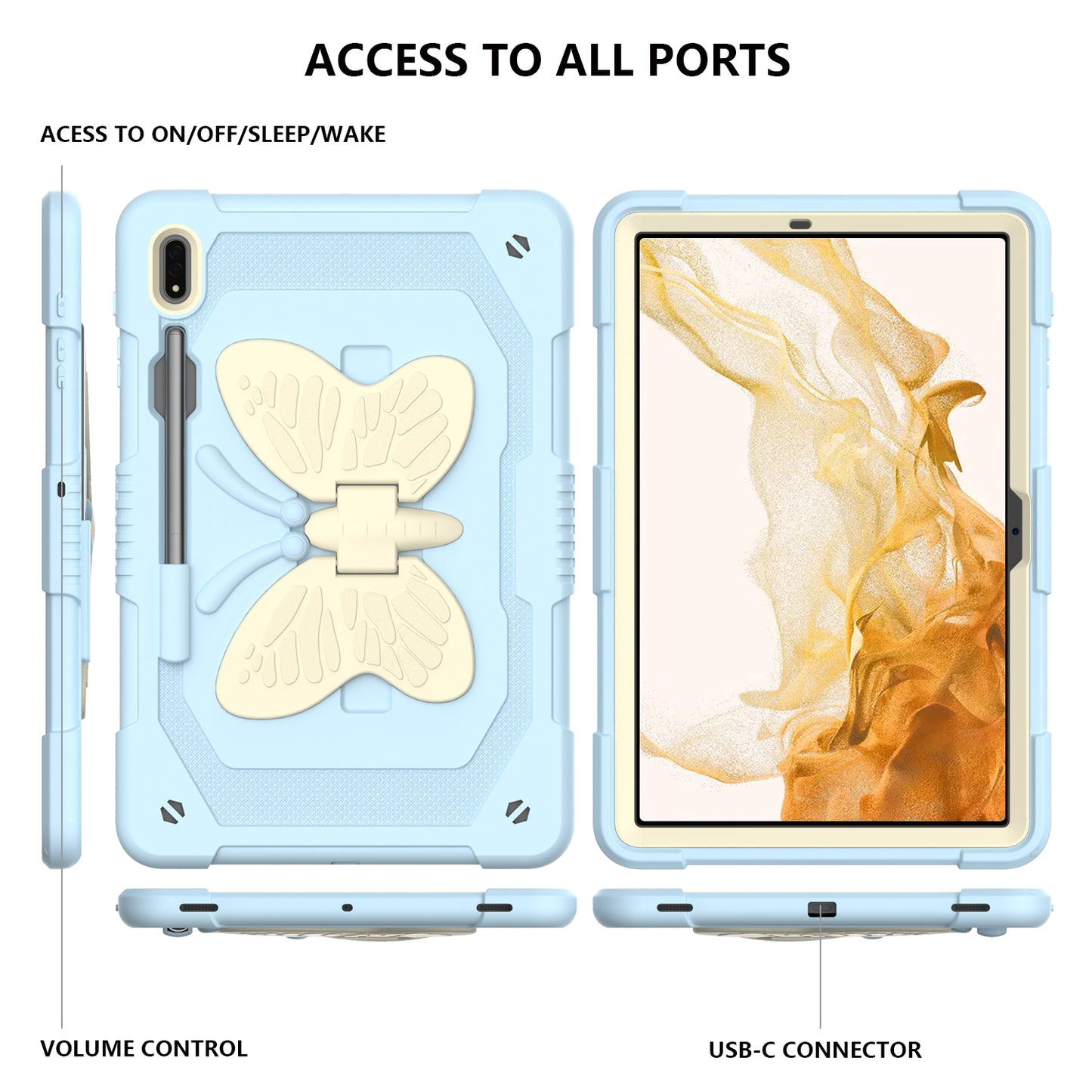 Anti-scratch Silicone + PC Tablet Case for Samsung Galaxy Tab S9 Butterfly Shape Kickstand Cover with Shoulder Strap