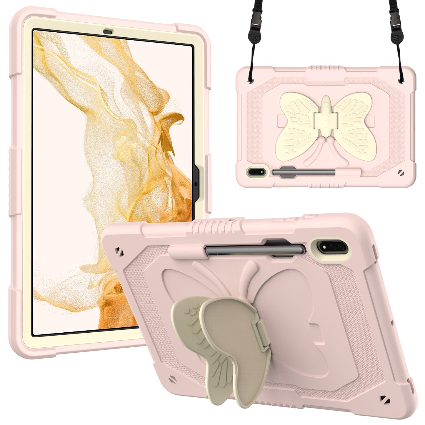 Anti-scratch Silicone + PC Tablet Case for Samsung Galaxy Tab S9 Butterfly Shape Kickstand Cover with Shoulder Strap