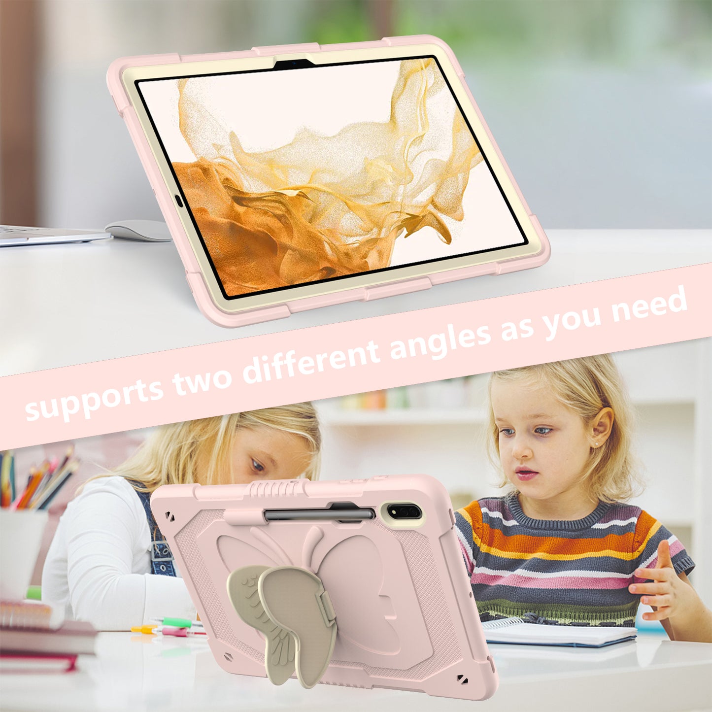 Anti-scratch Silicone + PC Tablet Case for Samsung Galaxy Tab S9 Butterfly Shape Kickstand Cover with Shoulder Strap
