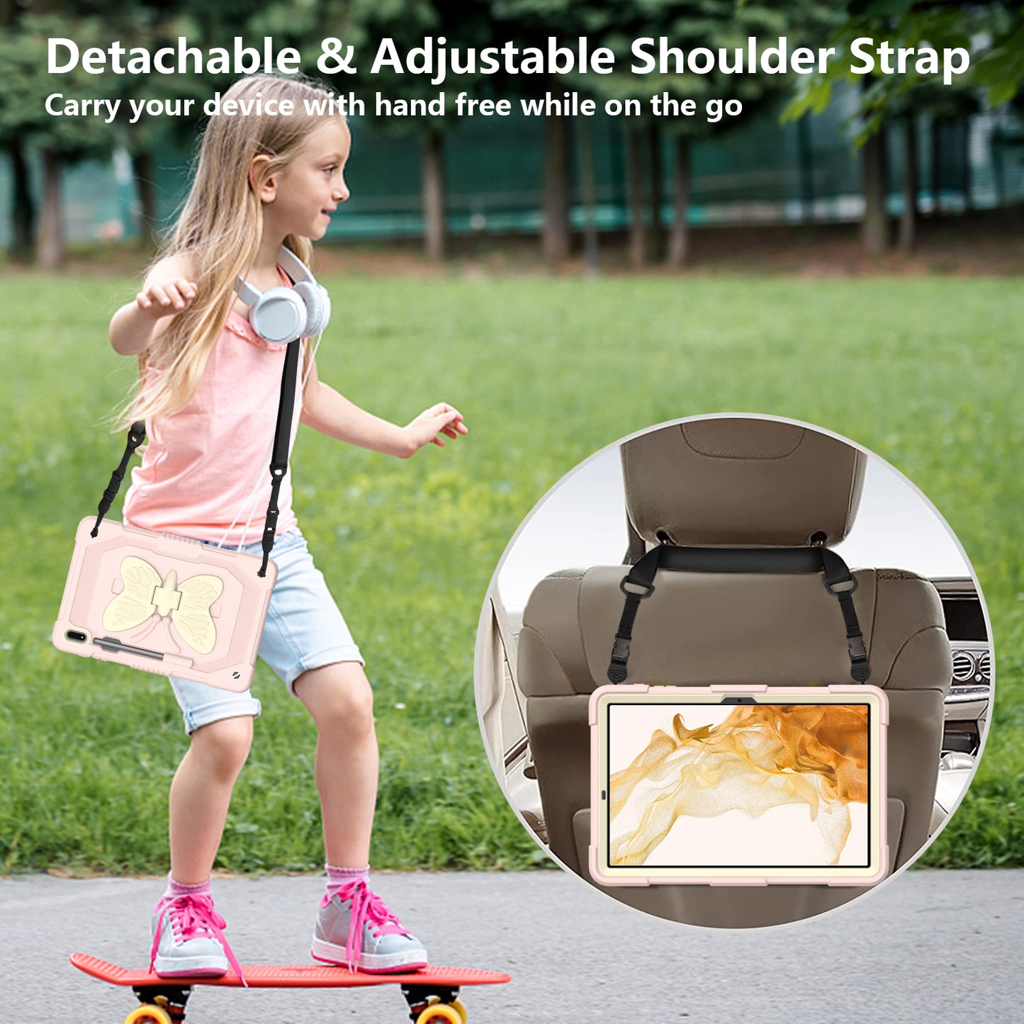Anti-scratch Silicone + PC Tablet Case for Samsung Galaxy Tab S9 Butterfly Shape Kickstand Cover with Shoulder Strap