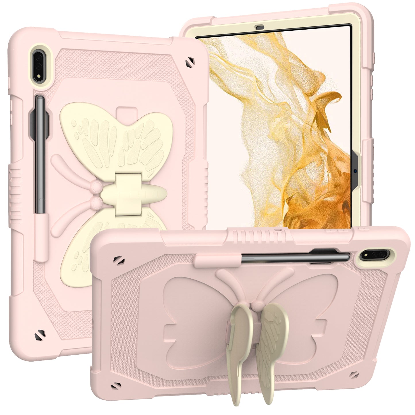 Anti-scratch Silicone + PC Tablet Case for Samsung Galaxy Tab S9 Butterfly Shape Kickstand Cover with Shoulder Strap