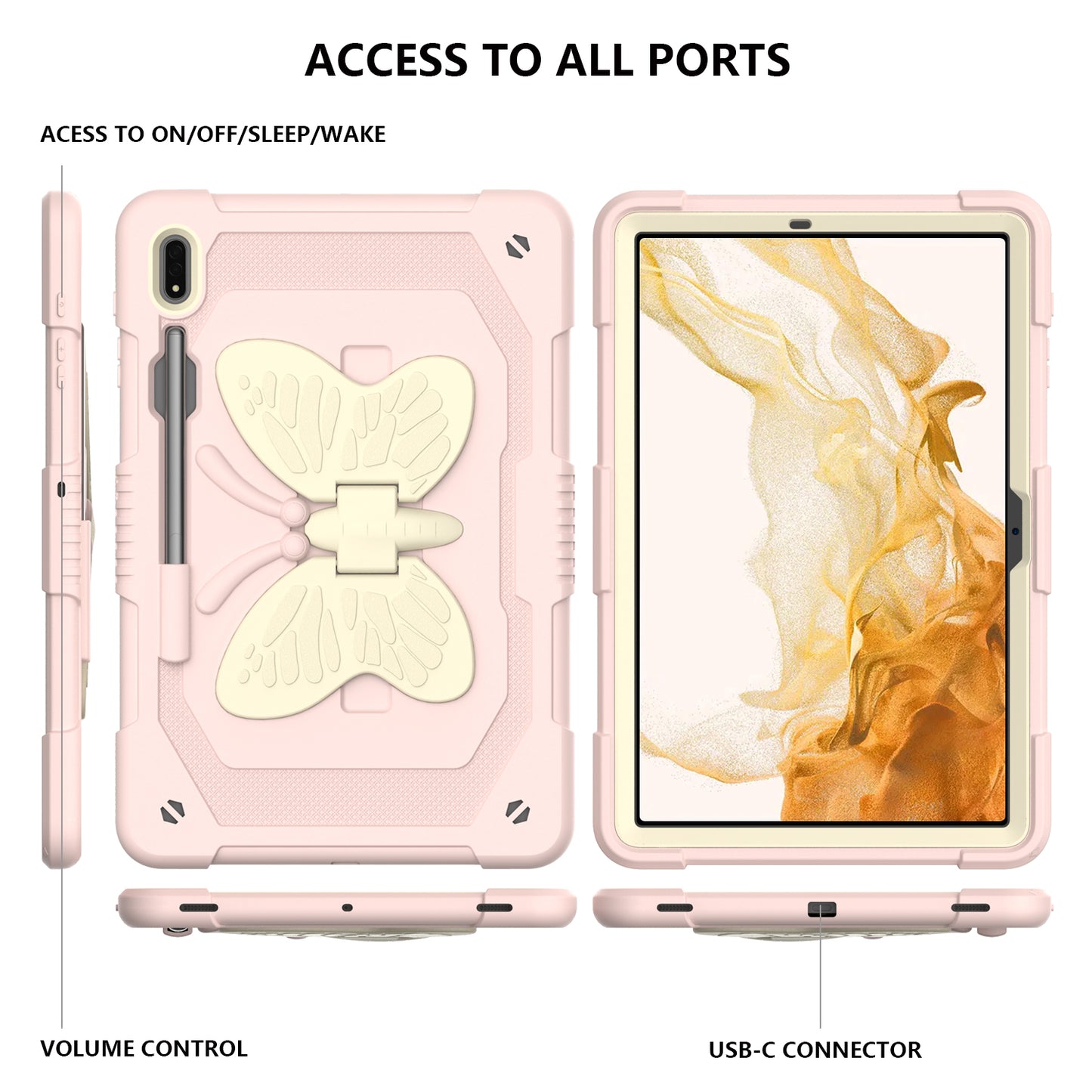 Anti-scratch Silicone + PC Tablet Case for Samsung Galaxy Tab S9 Butterfly Shape Kickstand Cover with Shoulder Strap
