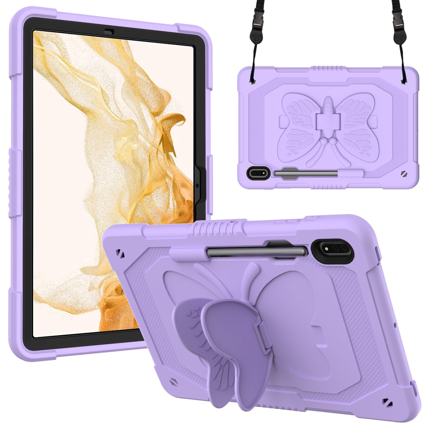 Anti-scratch Silicone + PC Tablet Case for Samsung Galaxy Tab S9 Butterfly Shape Kickstand Cover with Shoulder Strap