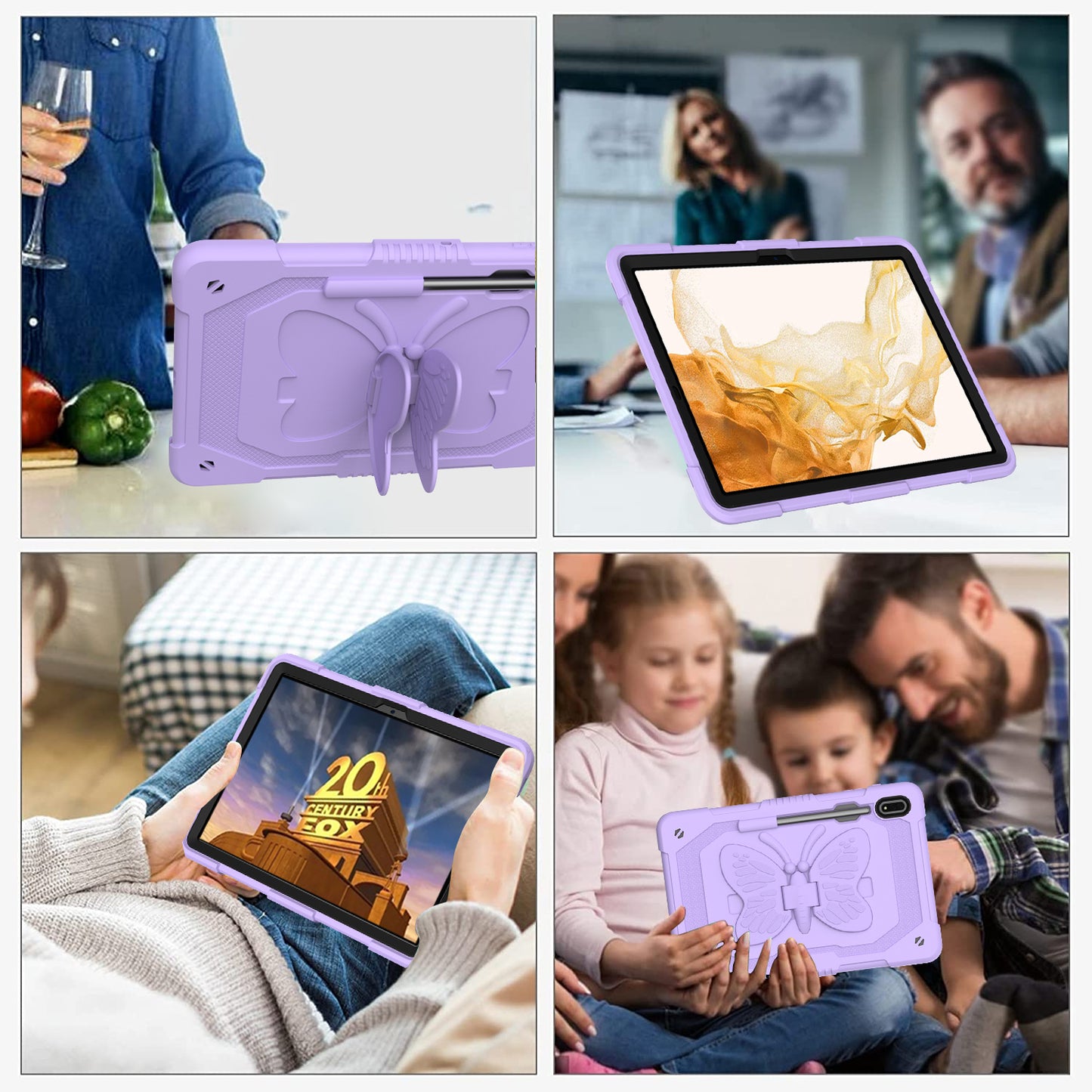 Anti-scratch Silicone + PC Tablet Case for Samsung Galaxy Tab S9 Butterfly Shape Kickstand Cover with Shoulder Strap