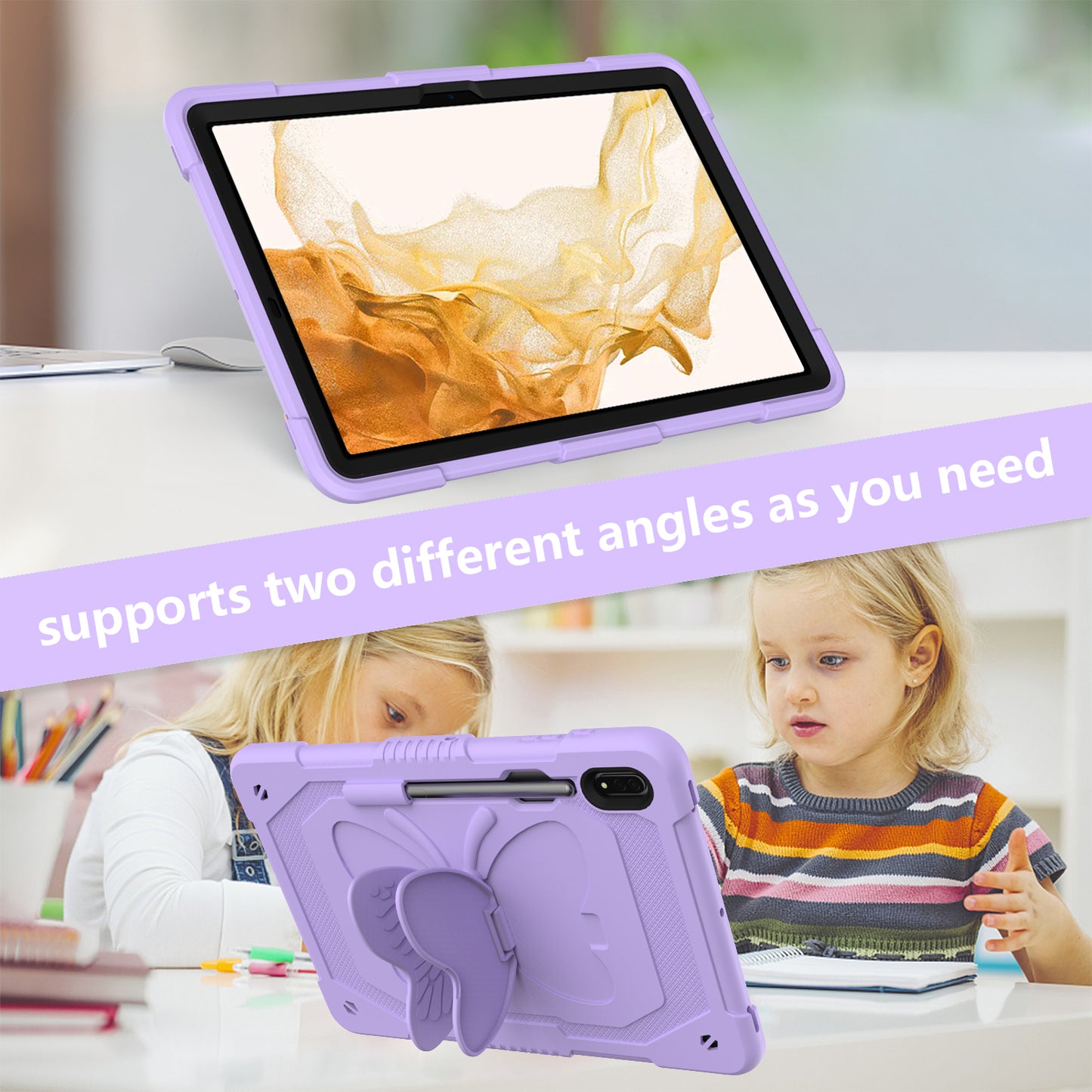 Anti-scratch Silicone + PC Tablet Case for Samsung Galaxy Tab S9 Butterfly Shape Kickstand Cover with Shoulder Strap