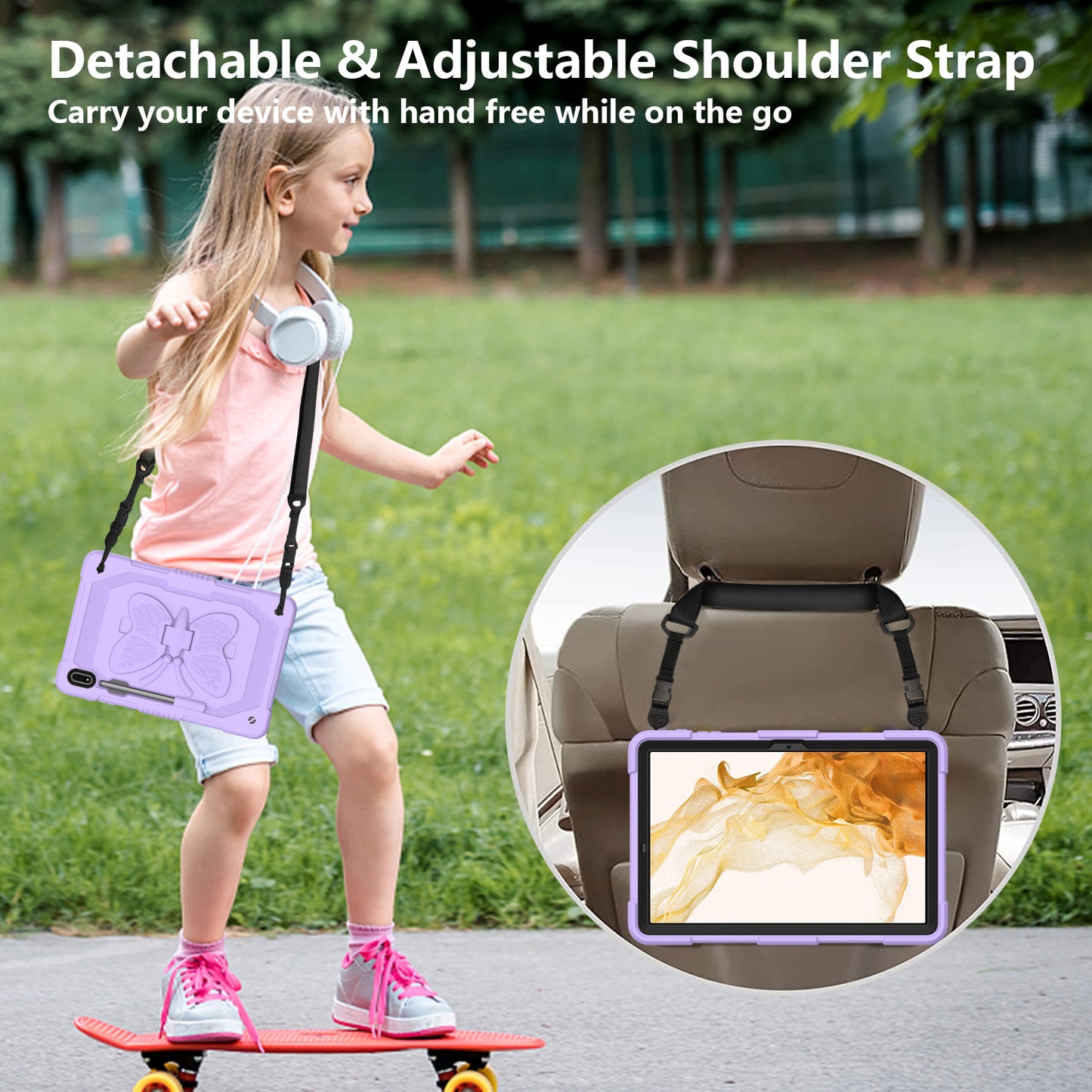 Anti-scratch Silicone + PC Tablet Case for Samsung Galaxy Tab S9 Butterfly Shape Kickstand Cover with Shoulder Strap