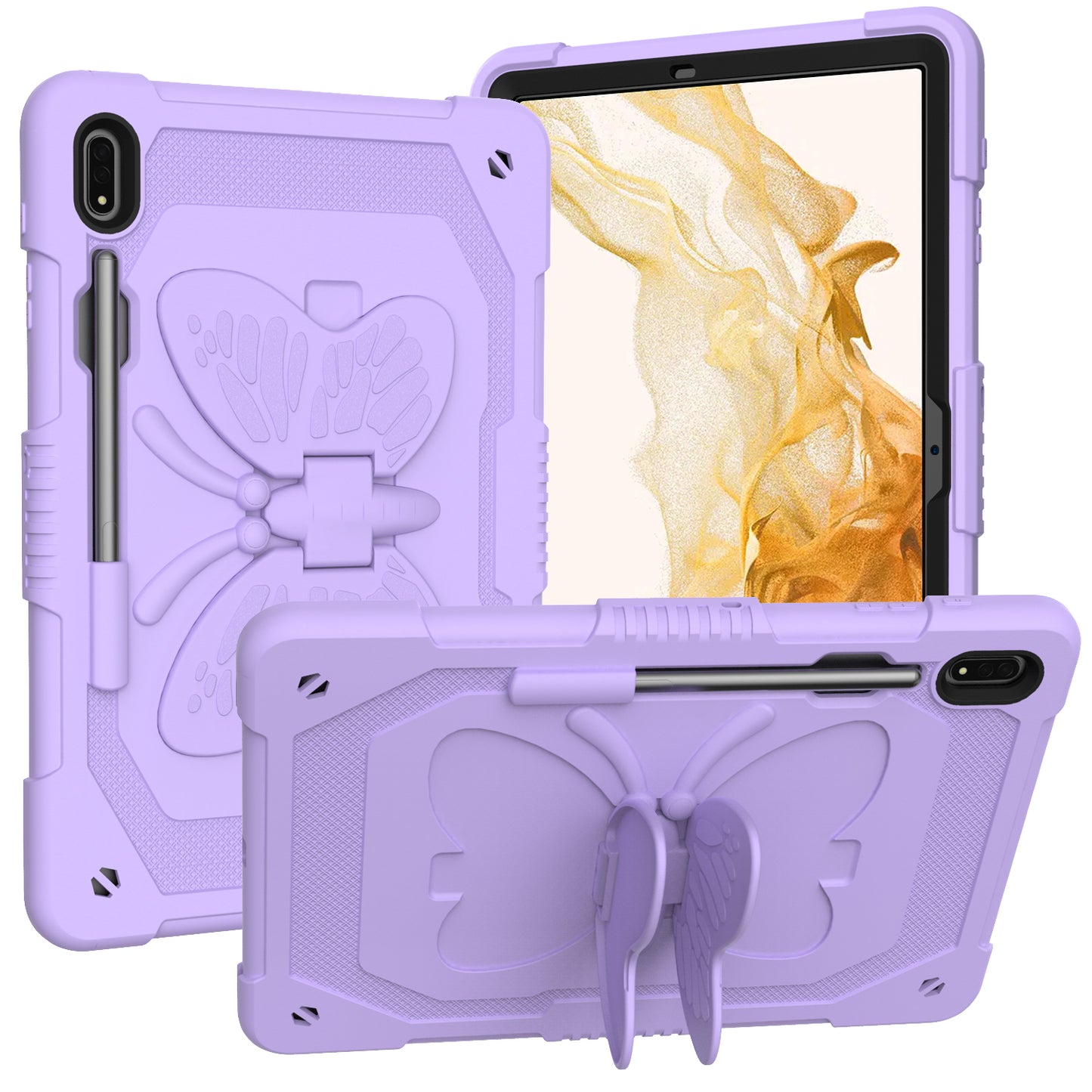 Anti-scratch Silicone + PC Tablet Case for Samsung Galaxy Tab S9 Butterfly Shape Kickstand Cover with Shoulder Strap